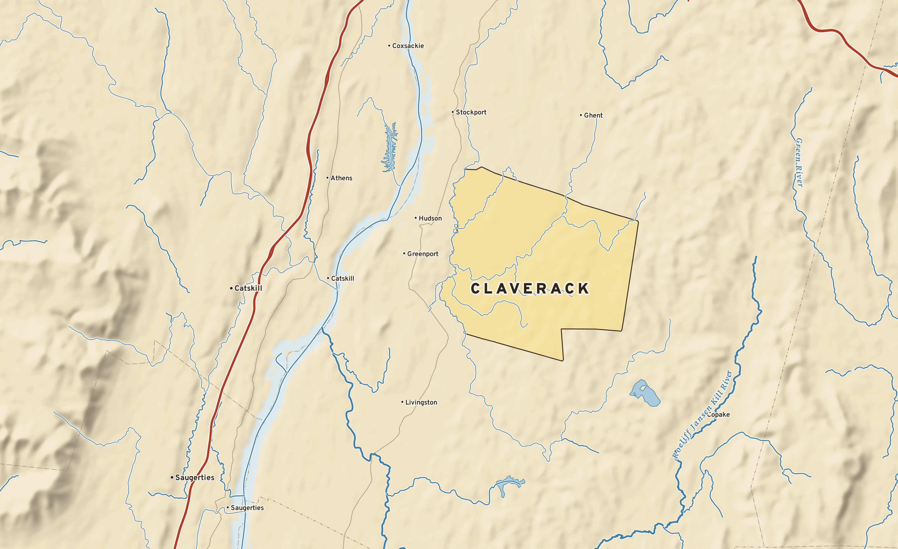 Shaded-relief atlas plate of Claverack, New York: rivers, roads, the city limits and where the water drains.
