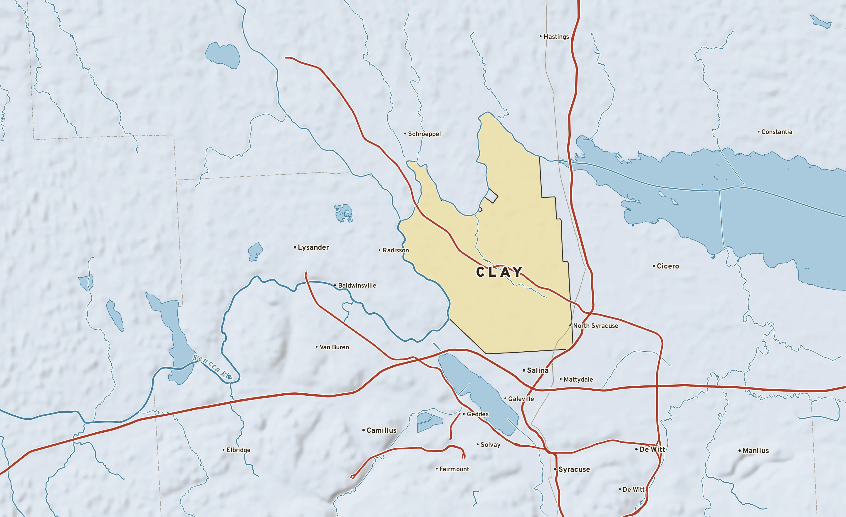 Shaded-relief atlas plate of Clay, New York: rivers, roads, the city limits and where the water drains.