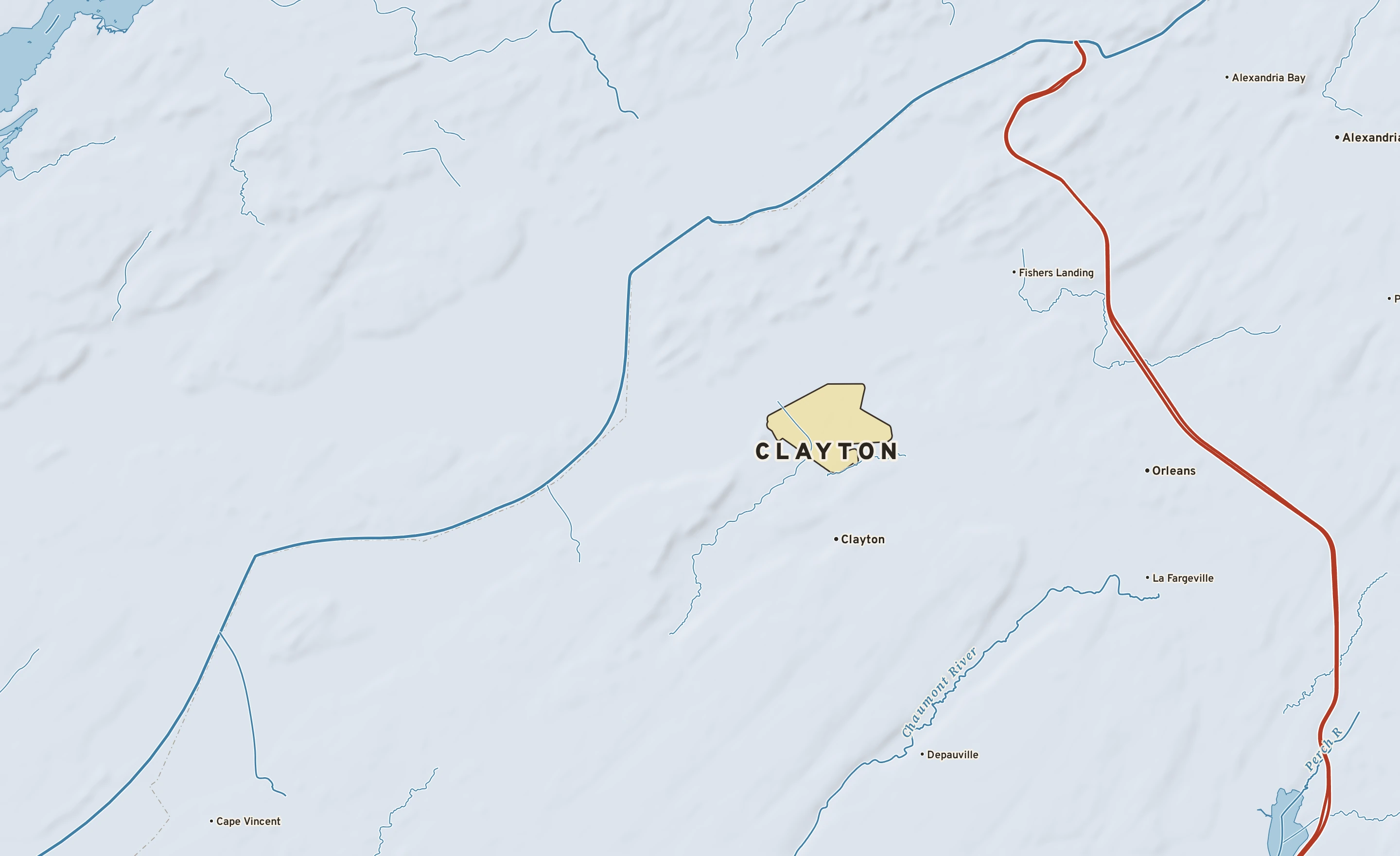 Shaded-relief atlas plate of Clayton, New York: rivers, roads, the city limits and where the water drains.