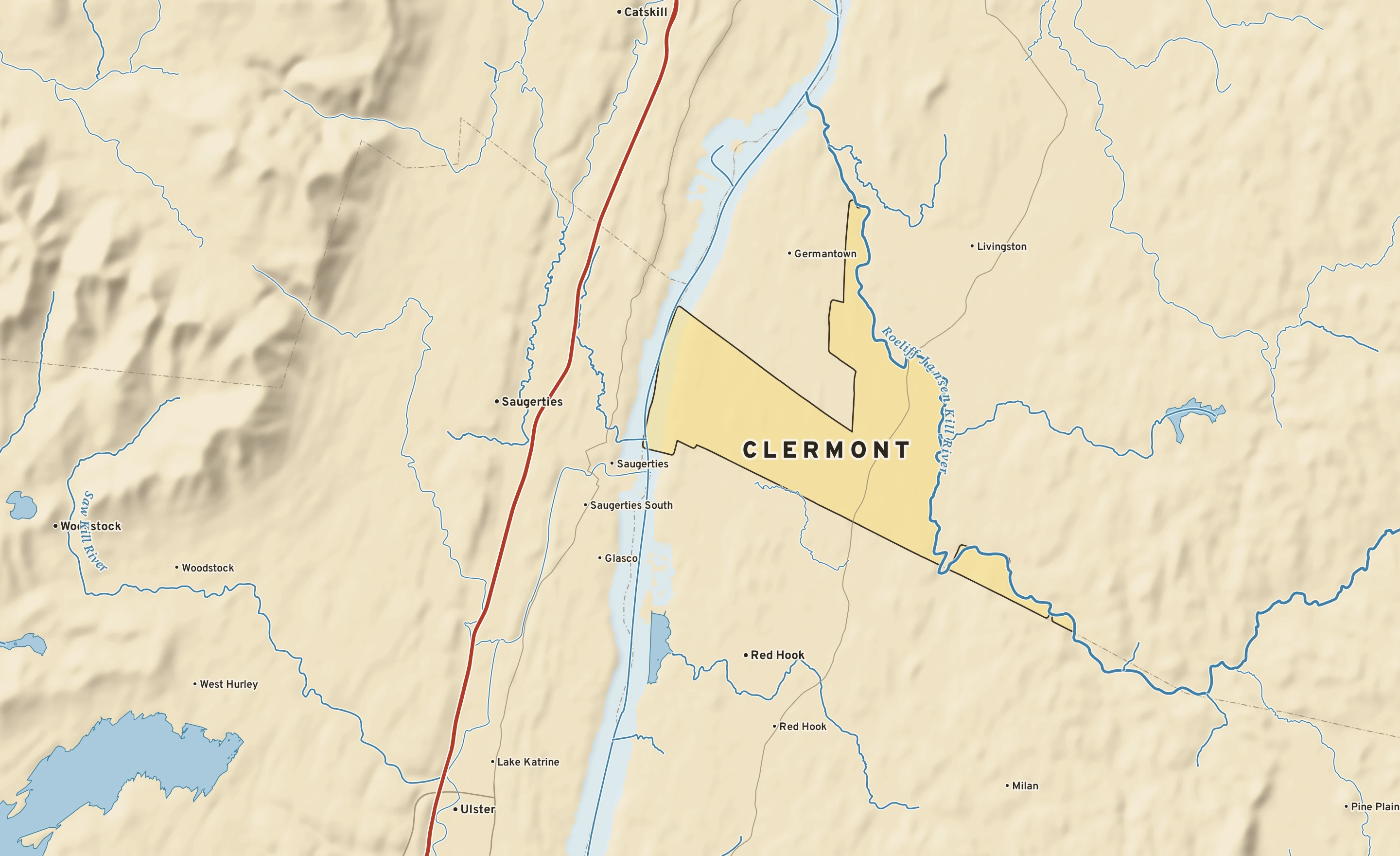 Shaded-relief atlas plate of Clermont, New York: rivers, roads, the city limits and where the water drains.