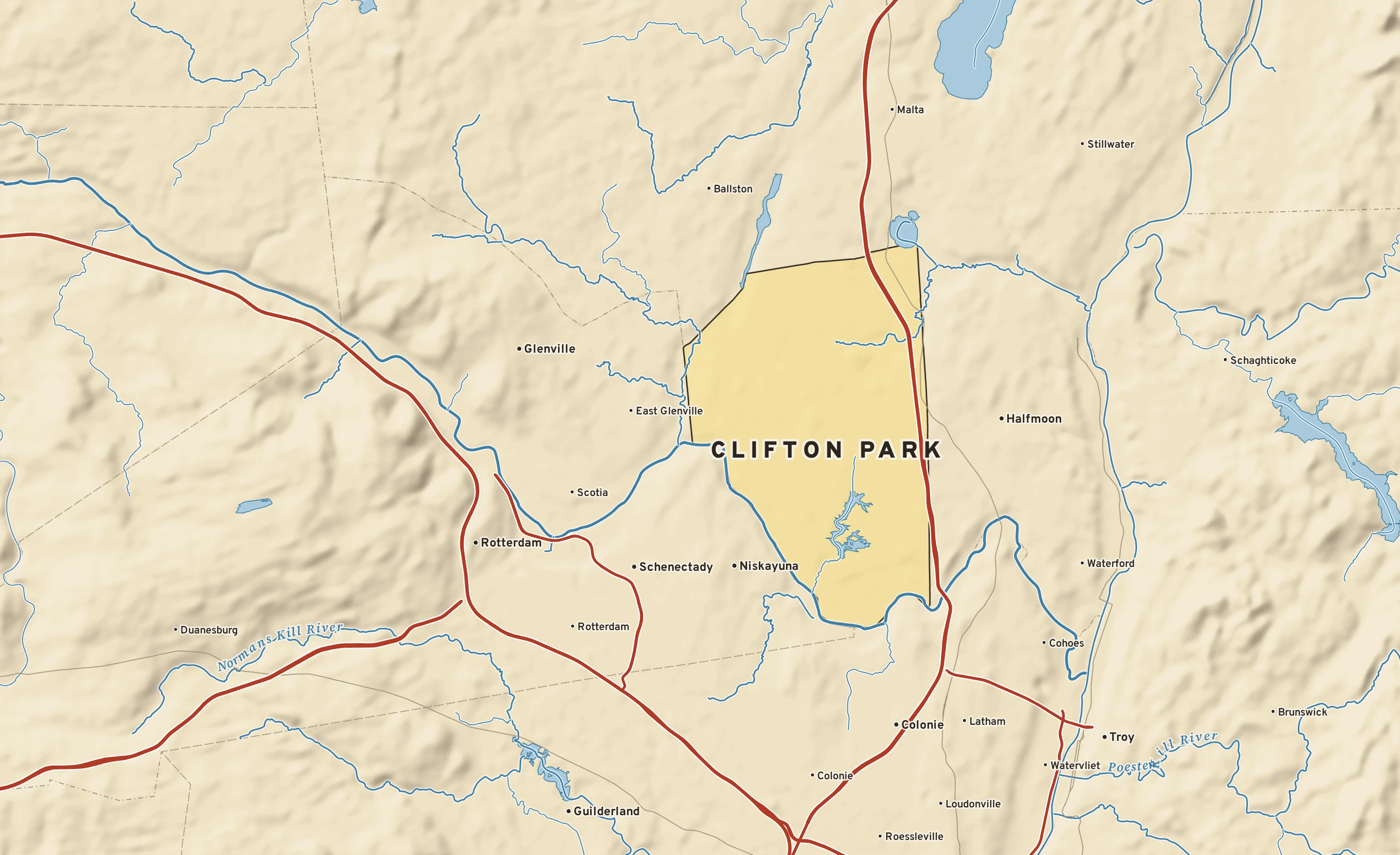 Shaded-relief atlas plate of Clifton Park, New York: rivers, roads, the city limits and where the water drains.