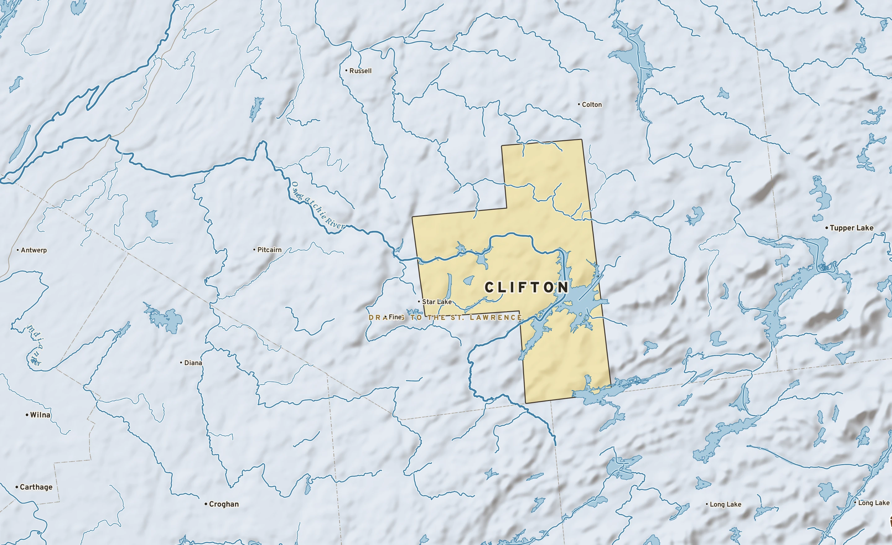 Shaded-relief atlas plate of Clifton, New York: rivers, roads, the city limits and where the water drains.