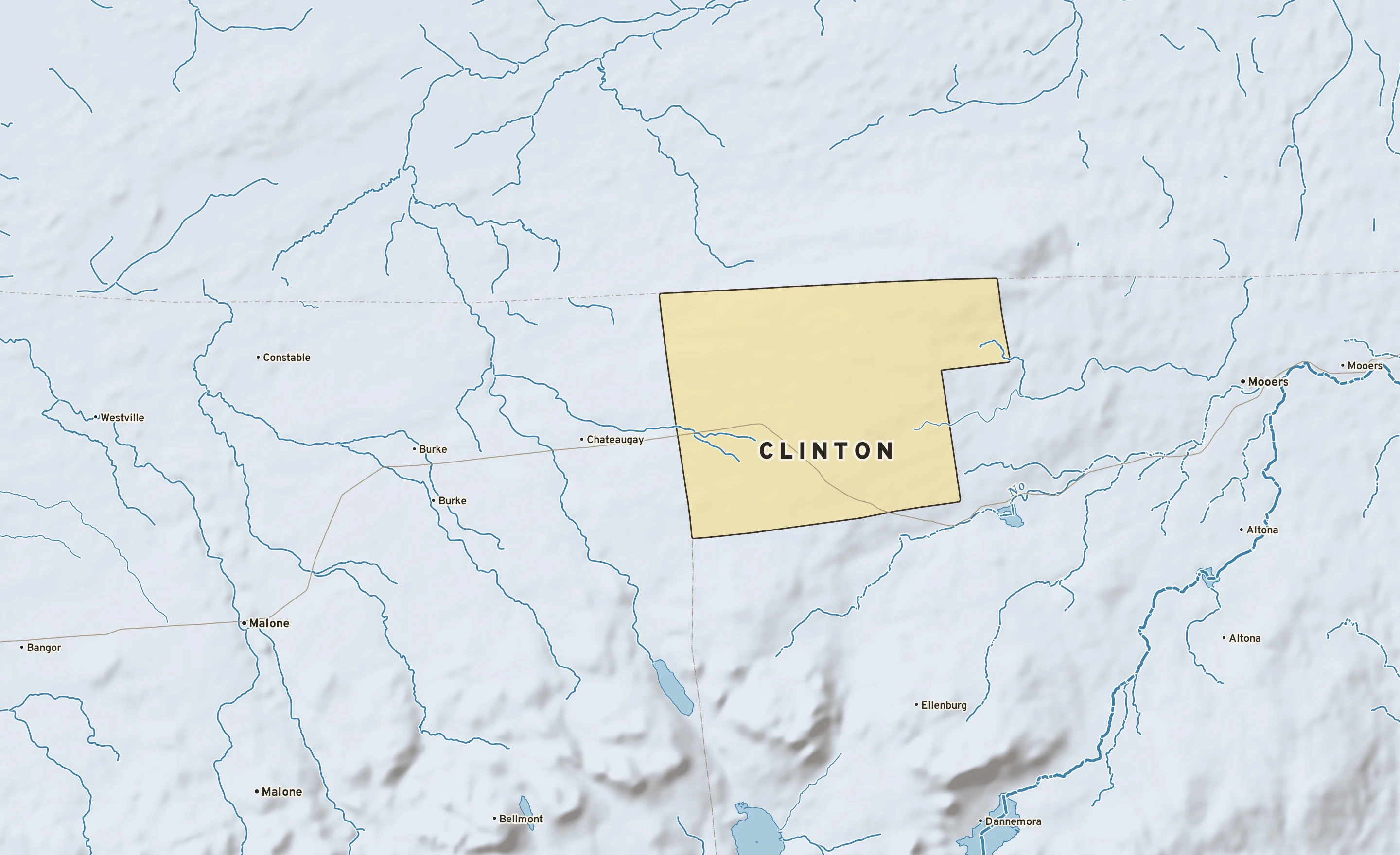 Shaded-relief atlas plate of Clinton, New York: rivers, roads, the city limits and where the water drains.