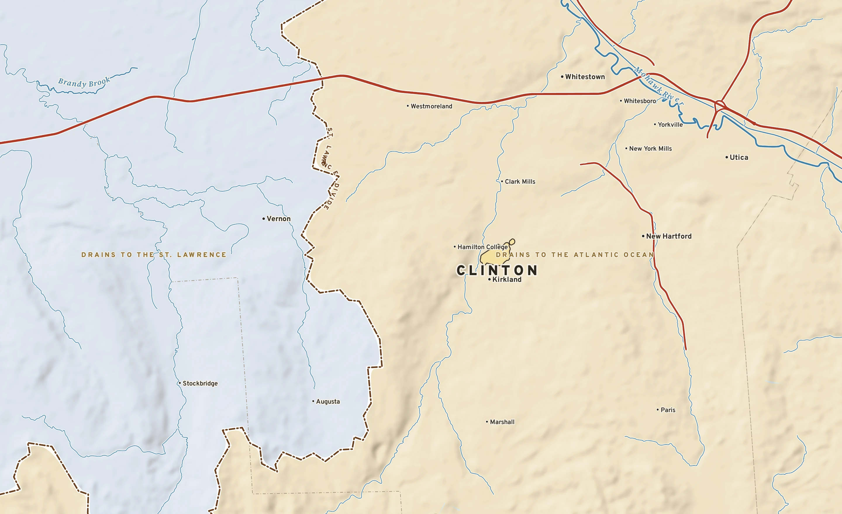 Shaded-relief atlas plate of Clinton, New York: rivers, roads, the city limits and where the water drains.