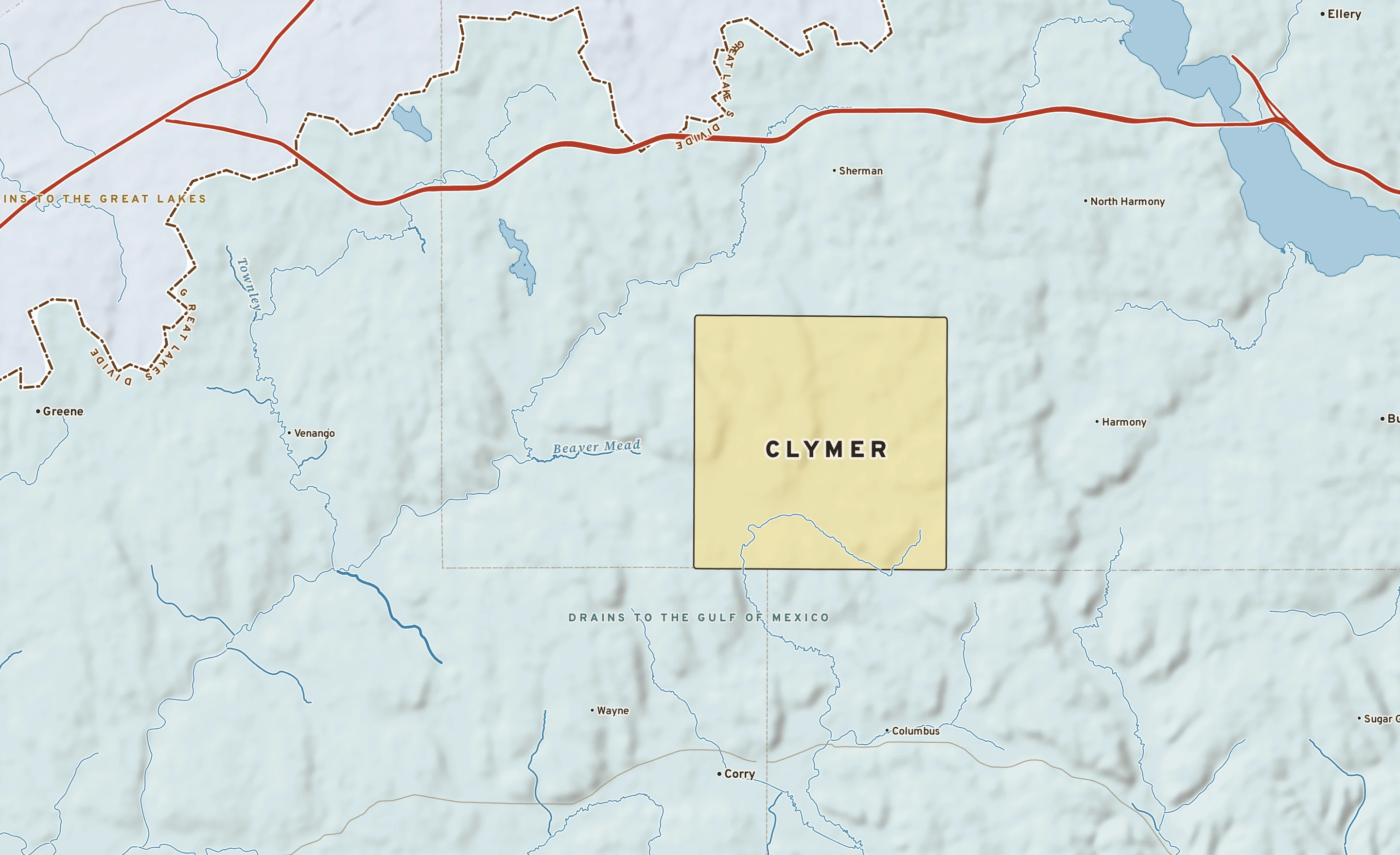 Shaded-relief atlas plate of Clymer, New York: rivers, roads, the city limits and where the water drains.
