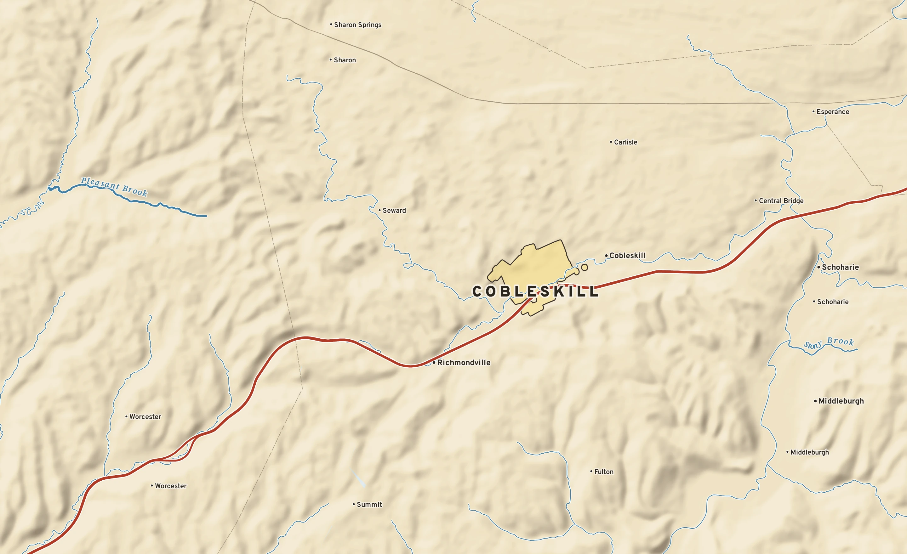 Shaded-relief atlas plate of Cobleskill, New York: rivers, roads, the city limits and where the water drains.