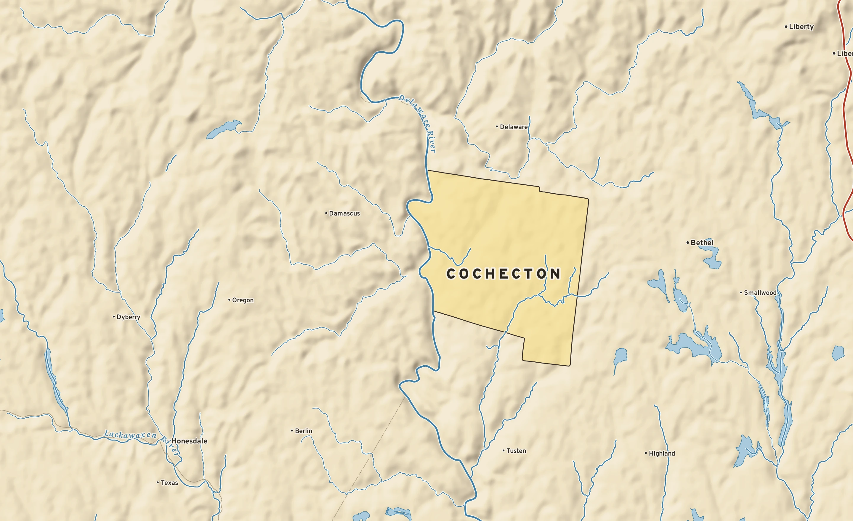 Shaded-relief atlas plate of Cochecton, New York: rivers, roads, the city limits and where the water drains.