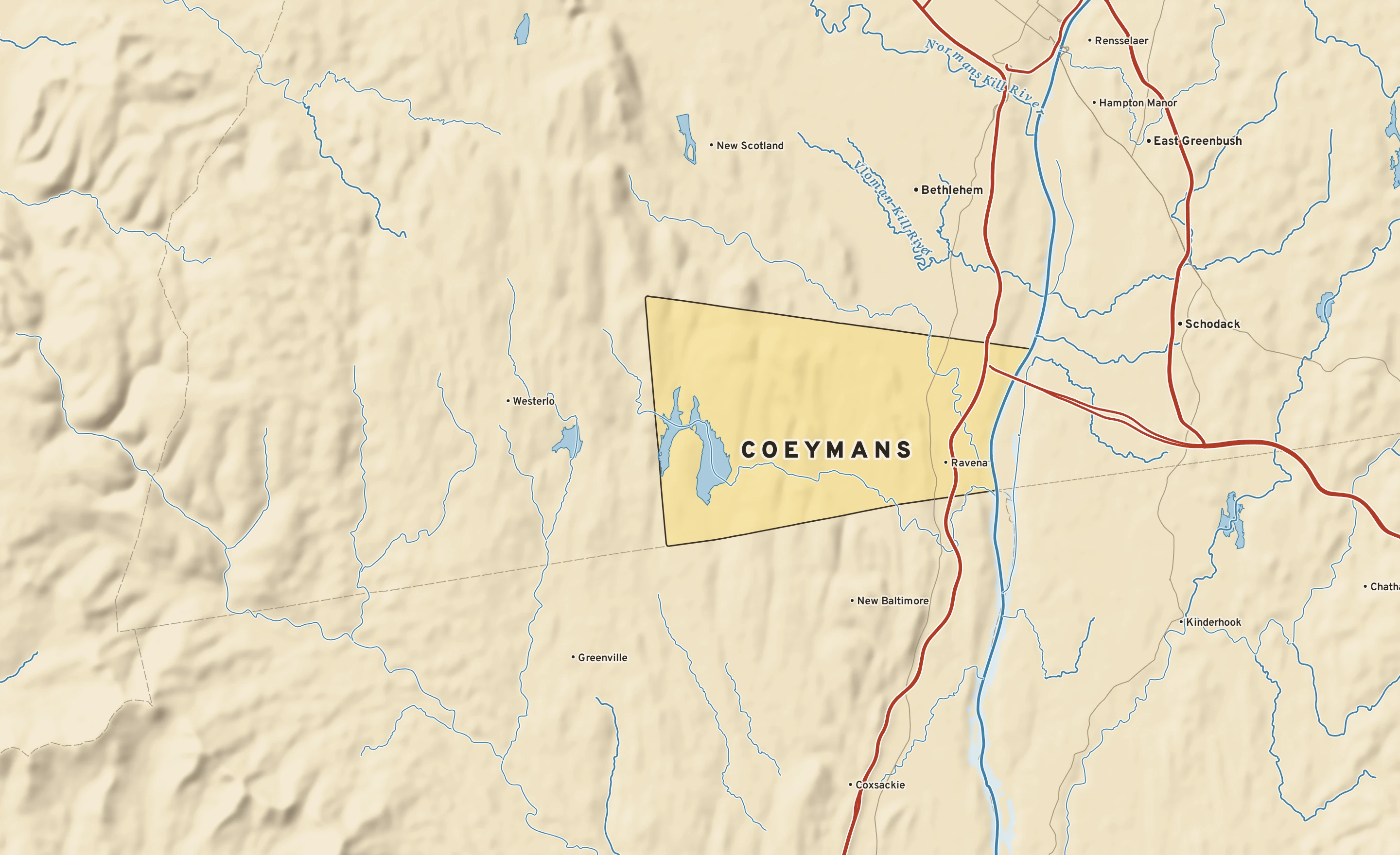 Shaded-relief atlas plate of Coeymans, New York: rivers, roads, the city limits and where the water drains.