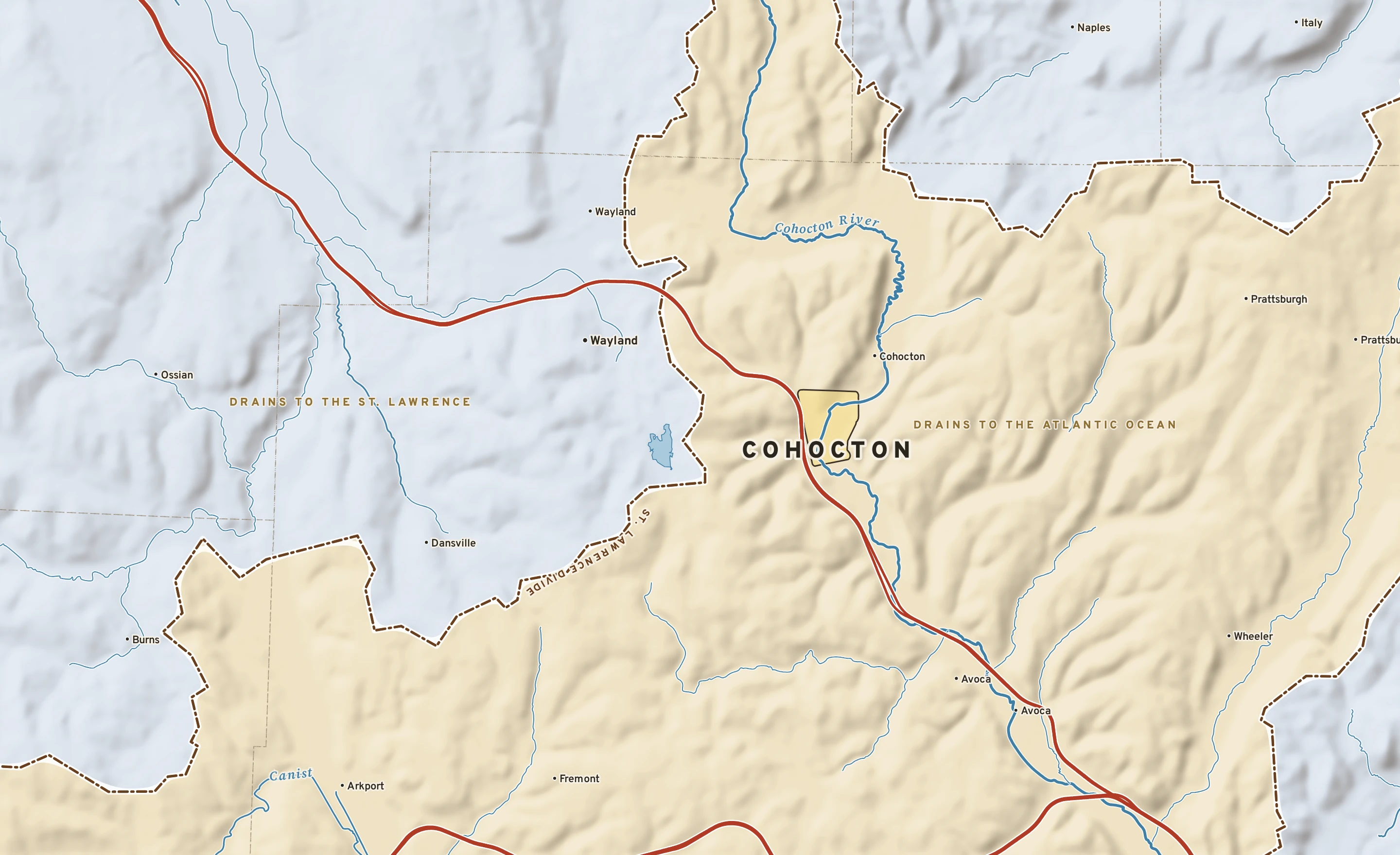 Shaded-relief atlas plate of Cohocton, New York: rivers, roads, the city limits and where the water drains.