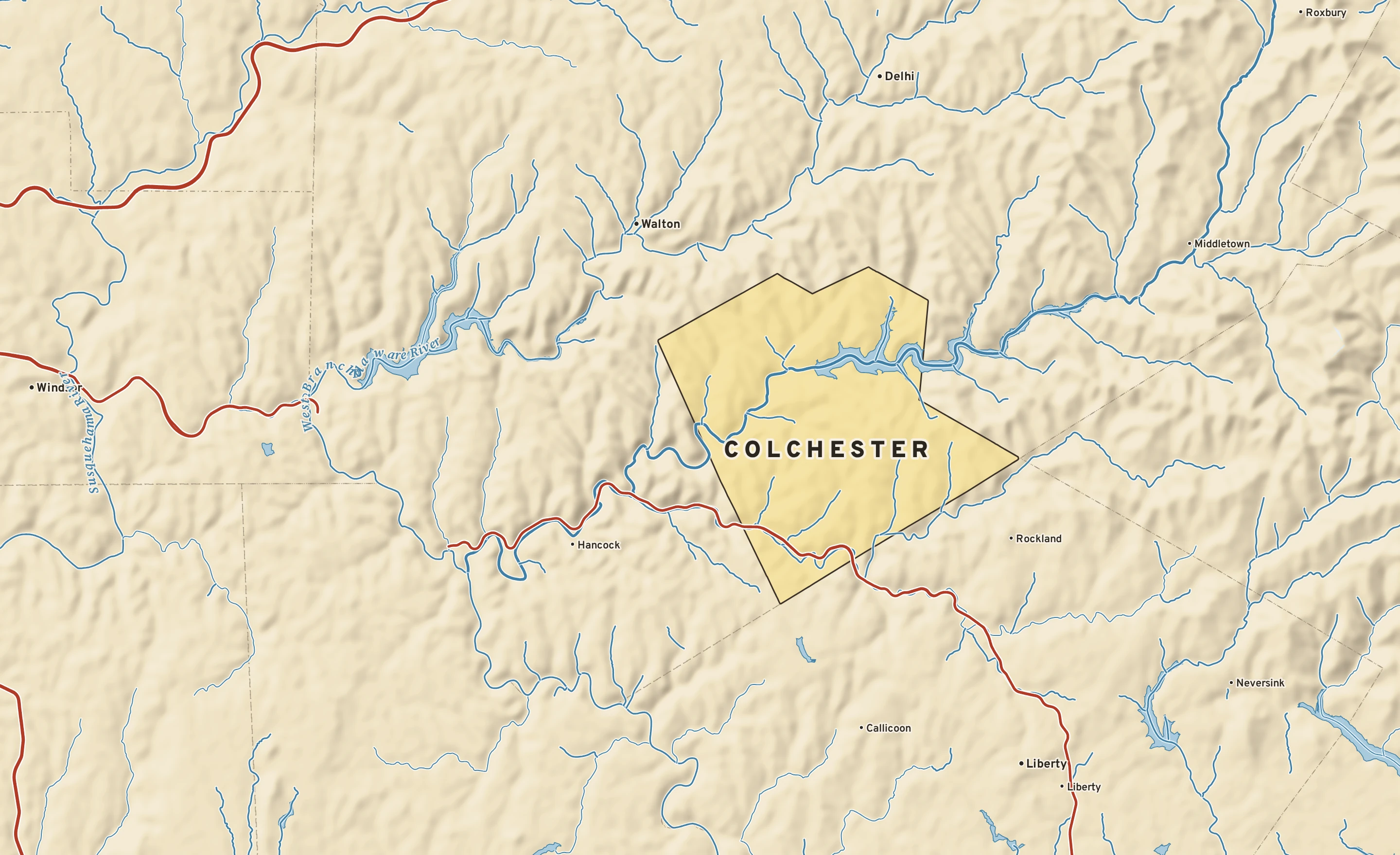 Shaded-relief atlas plate of Colchester, New York: rivers, roads, the city limits and where the water drains.