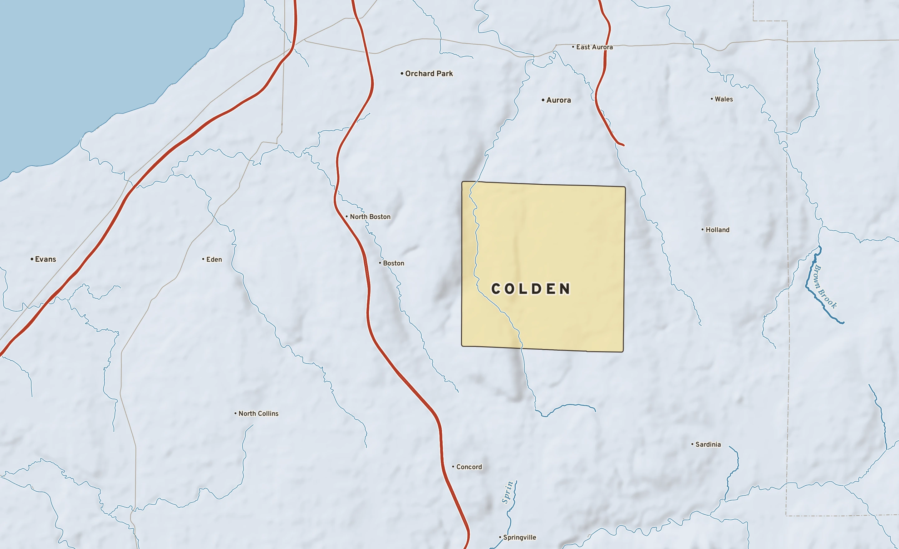 Shaded-relief atlas plate of Colden, New York: rivers, roads, the city limits and where the water drains.