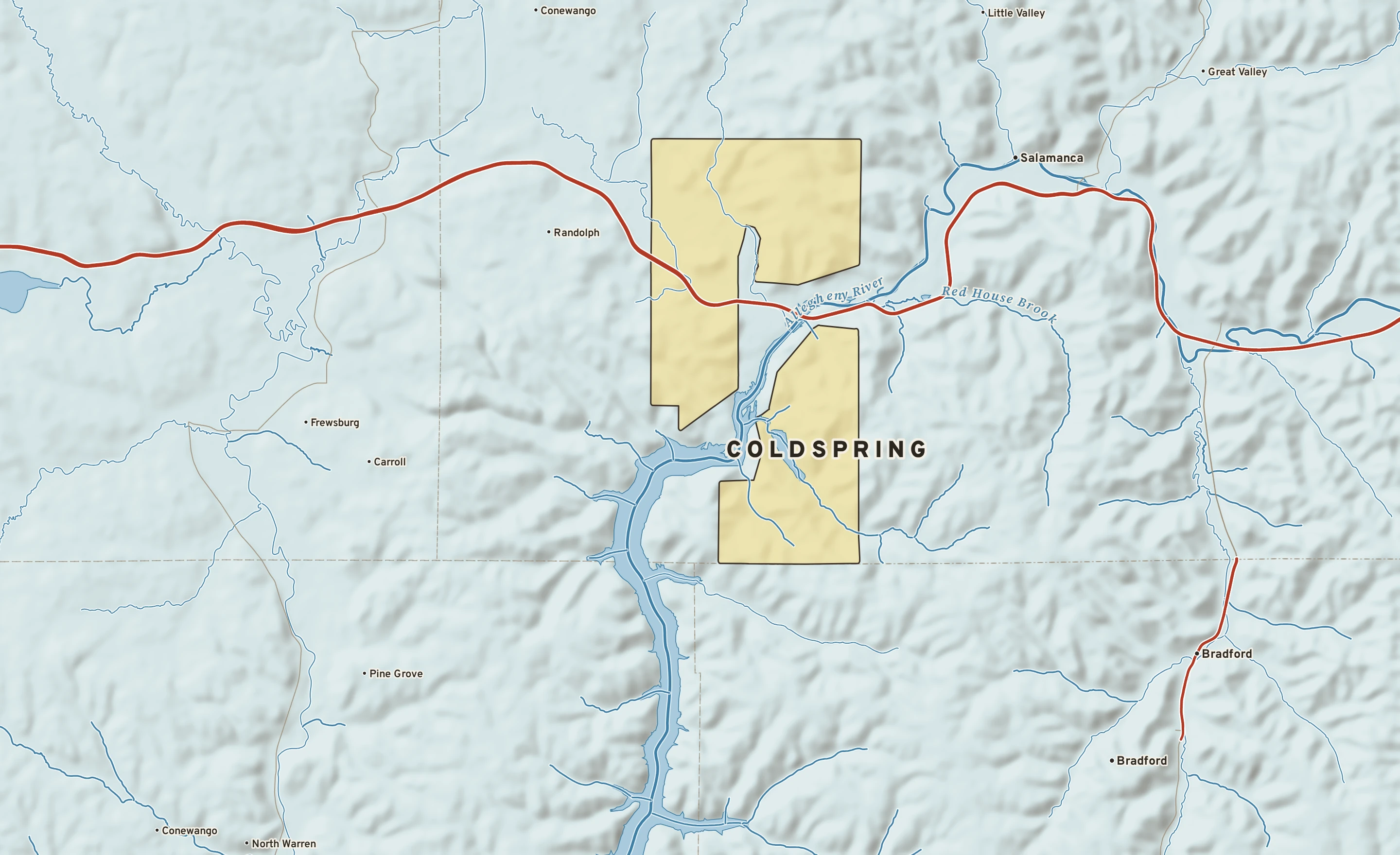 Shaded-relief atlas plate of Coldspring, New York: rivers, roads, the city limits and where the water drains.