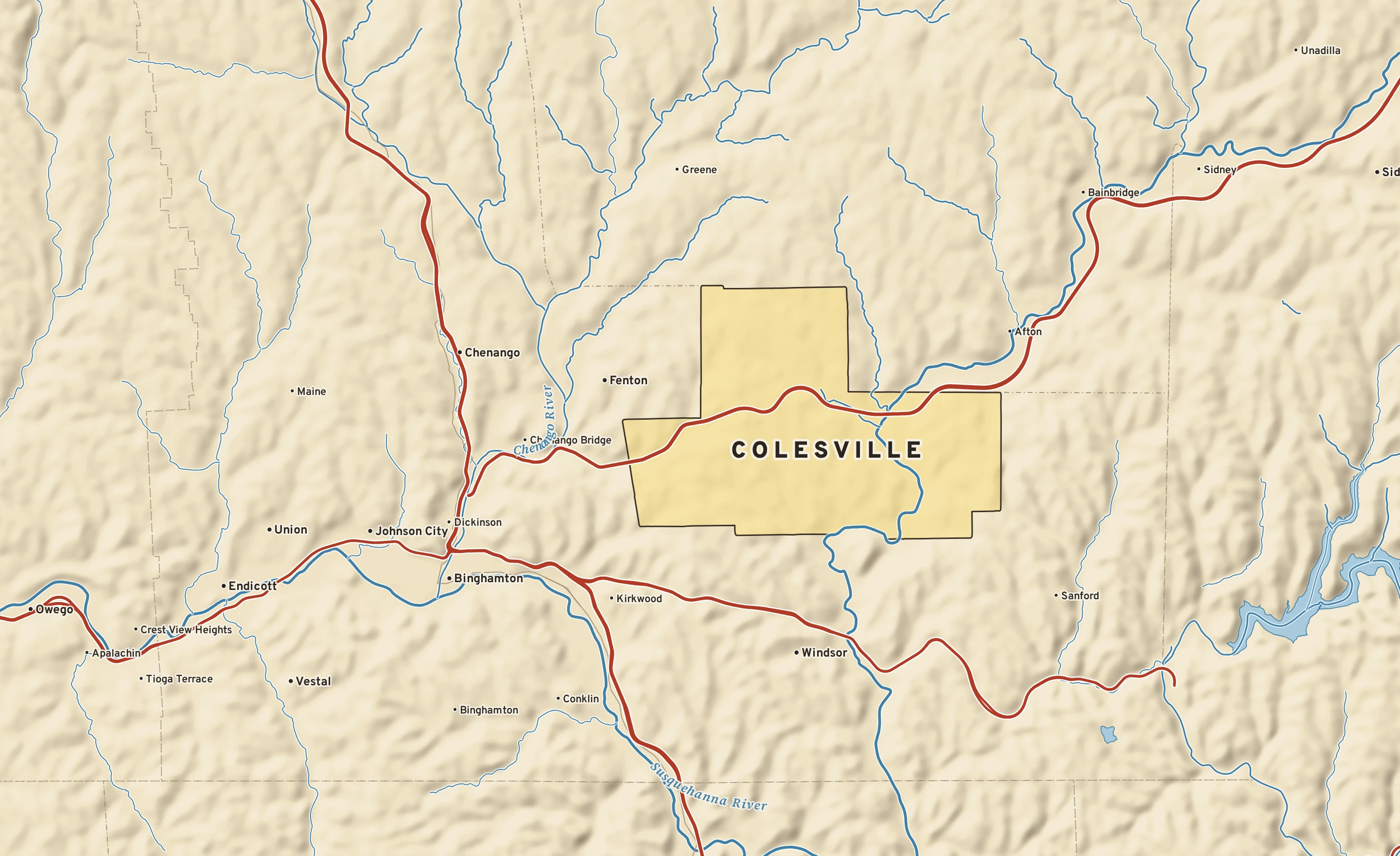 Shaded-relief atlas plate of Colesville, New York: rivers, roads, the city limits and where the water drains.