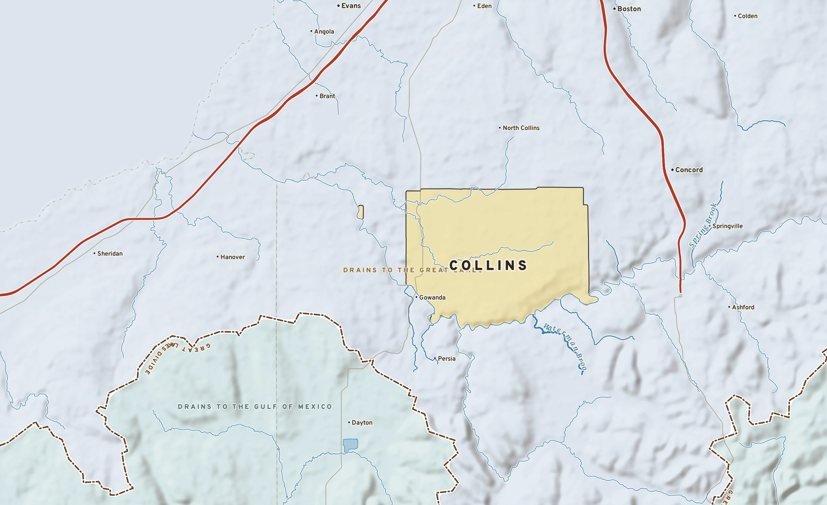 Shaded-relief atlas plate of Collins, New York: rivers, roads, the city limits and where the water drains.