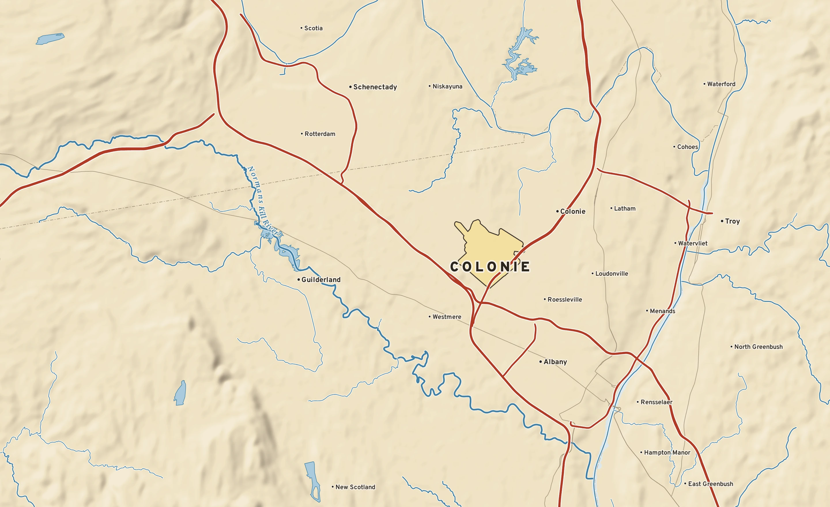 Shaded-relief atlas plate of Colonie, New York: rivers, roads, the city limits and where the water drains.