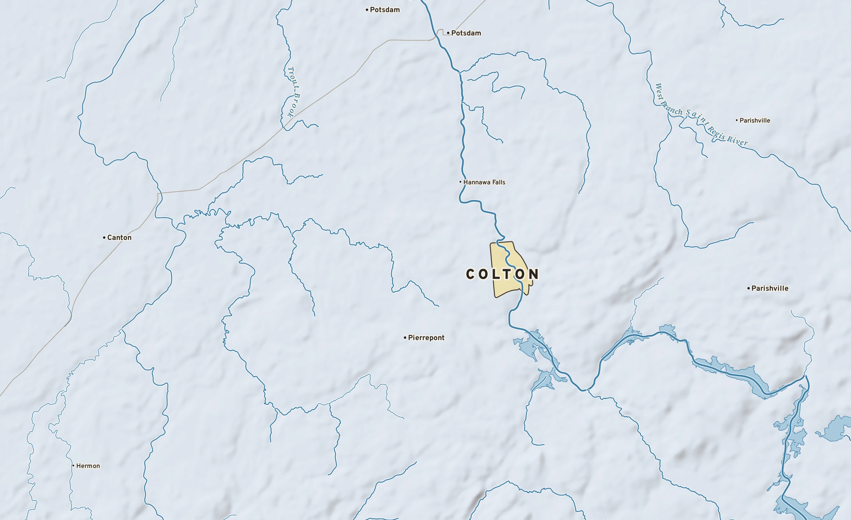 Shaded-relief atlas plate of Colton, New York: rivers, roads, the city limits and where the water drains.