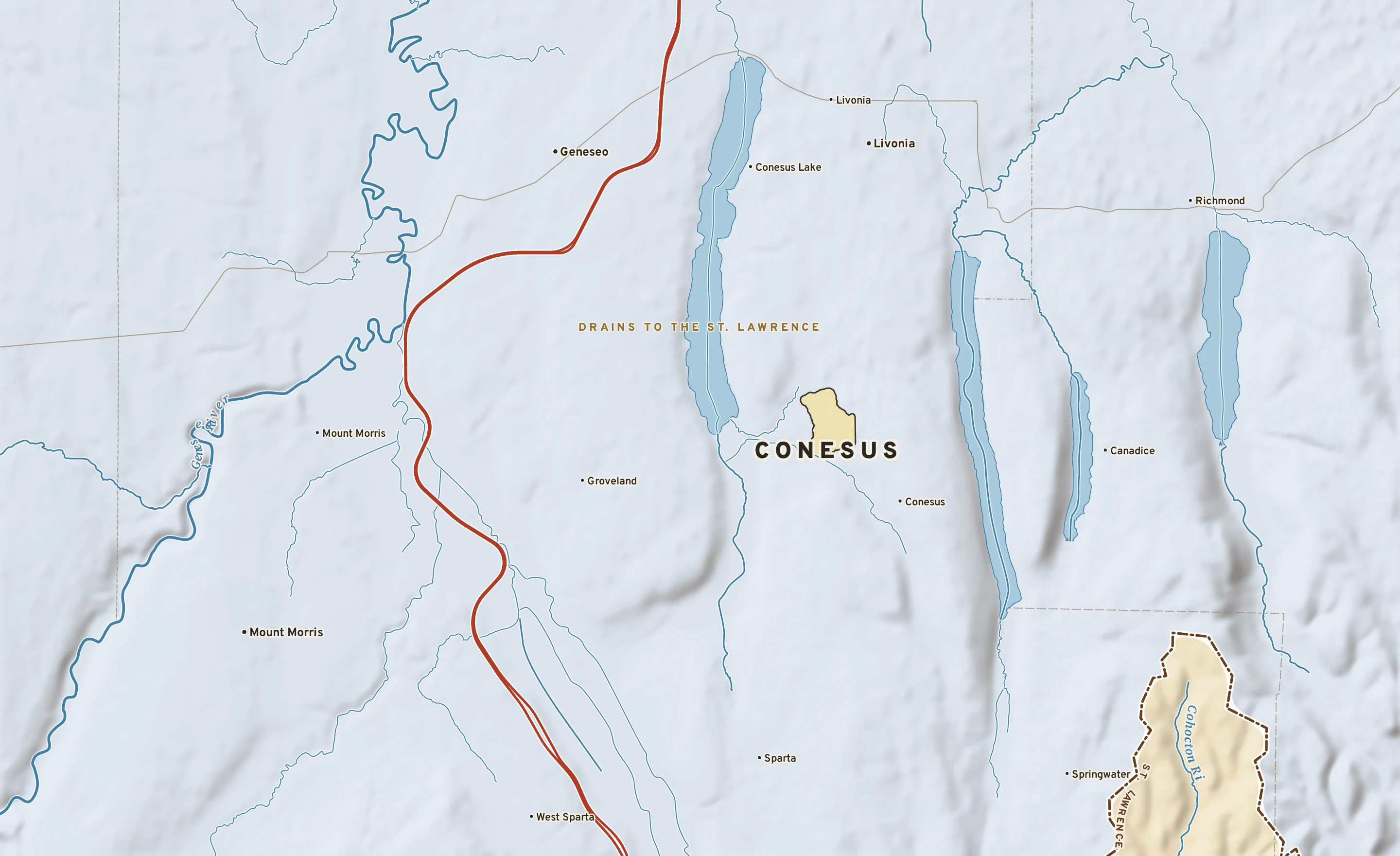 Shaded-relief atlas plate of Conesus, New York: rivers, roads, the city limits and where the water drains.