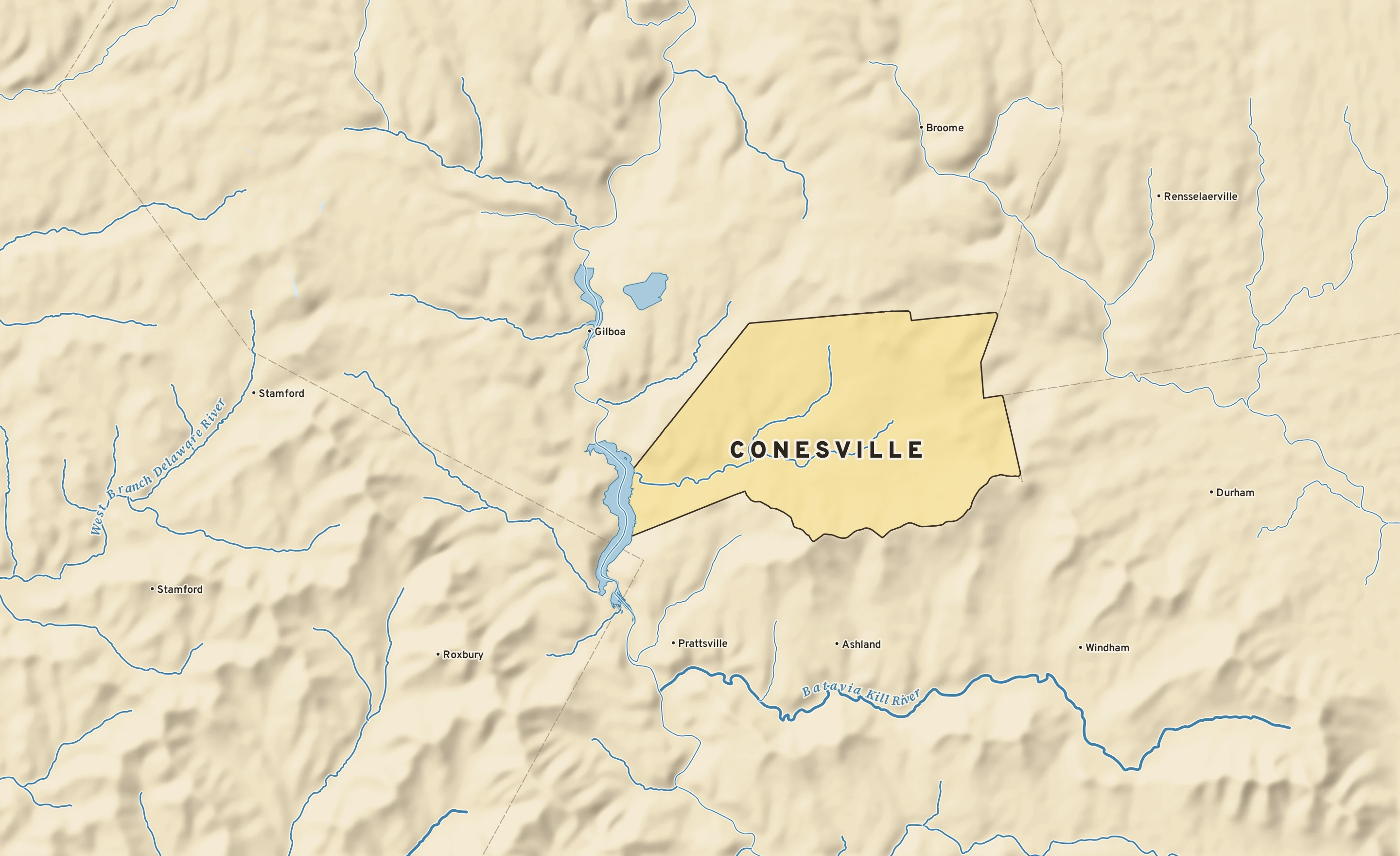 Shaded-relief atlas plate of Conesville, New York: rivers, roads, the city limits and where the water drains.