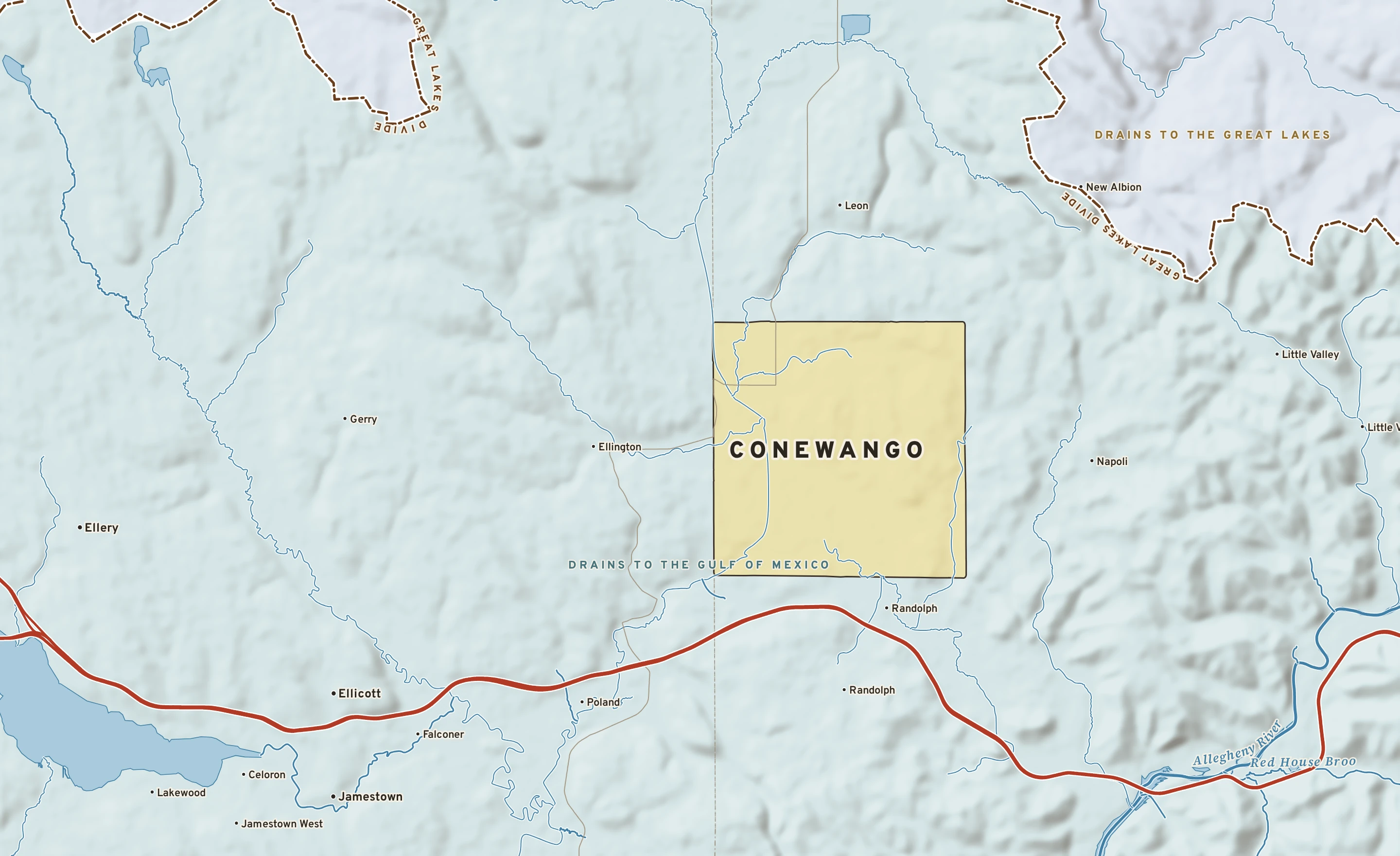 Shaded-relief atlas plate of Conewango, New York: rivers, roads, the city limits and where the water drains.