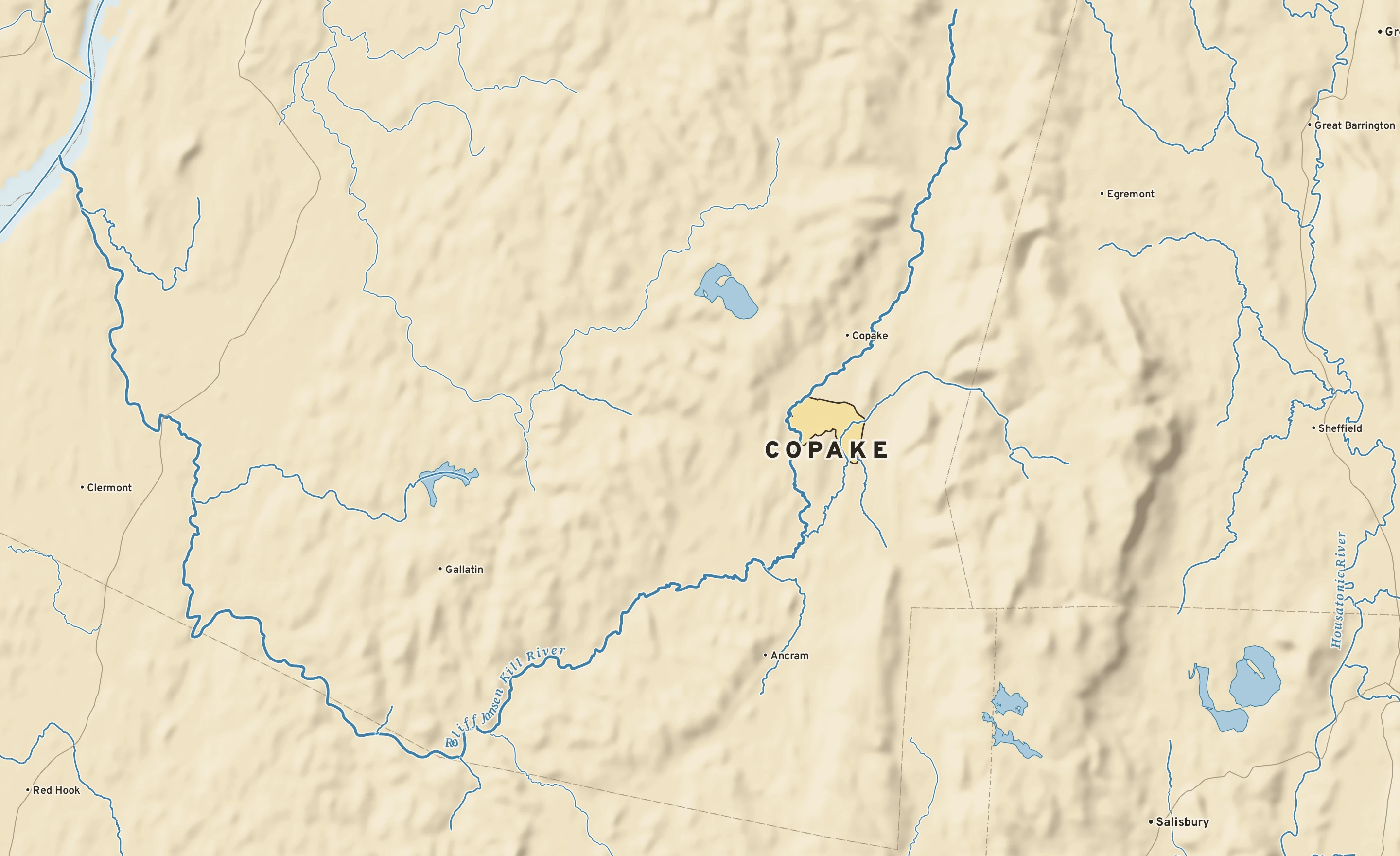 Shaded-relief atlas plate of Copake, New York: rivers, roads, the city limits and where the water drains.