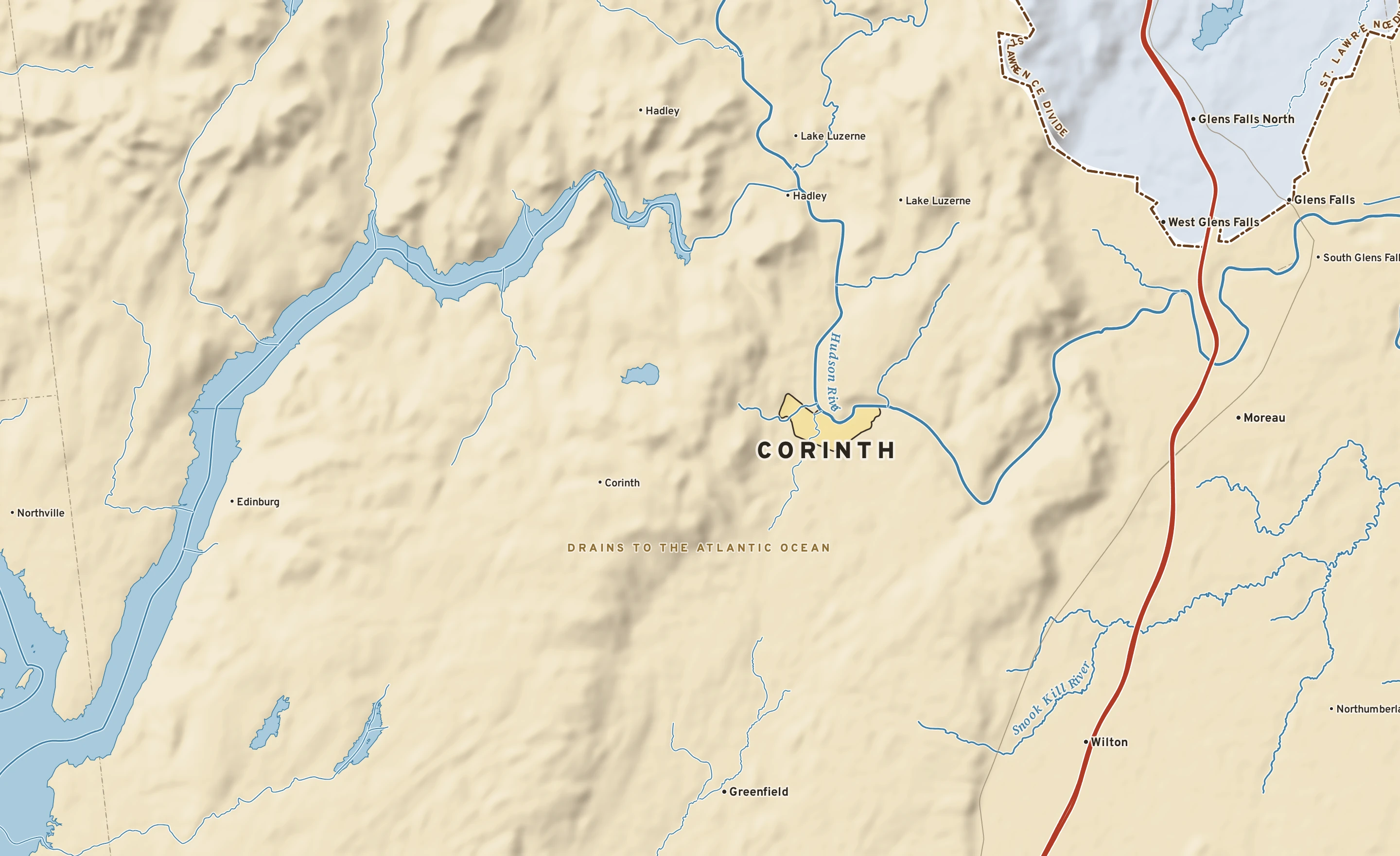 Shaded-relief atlas plate of Corinth, New York: rivers, roads, the city limits and where the water drains.