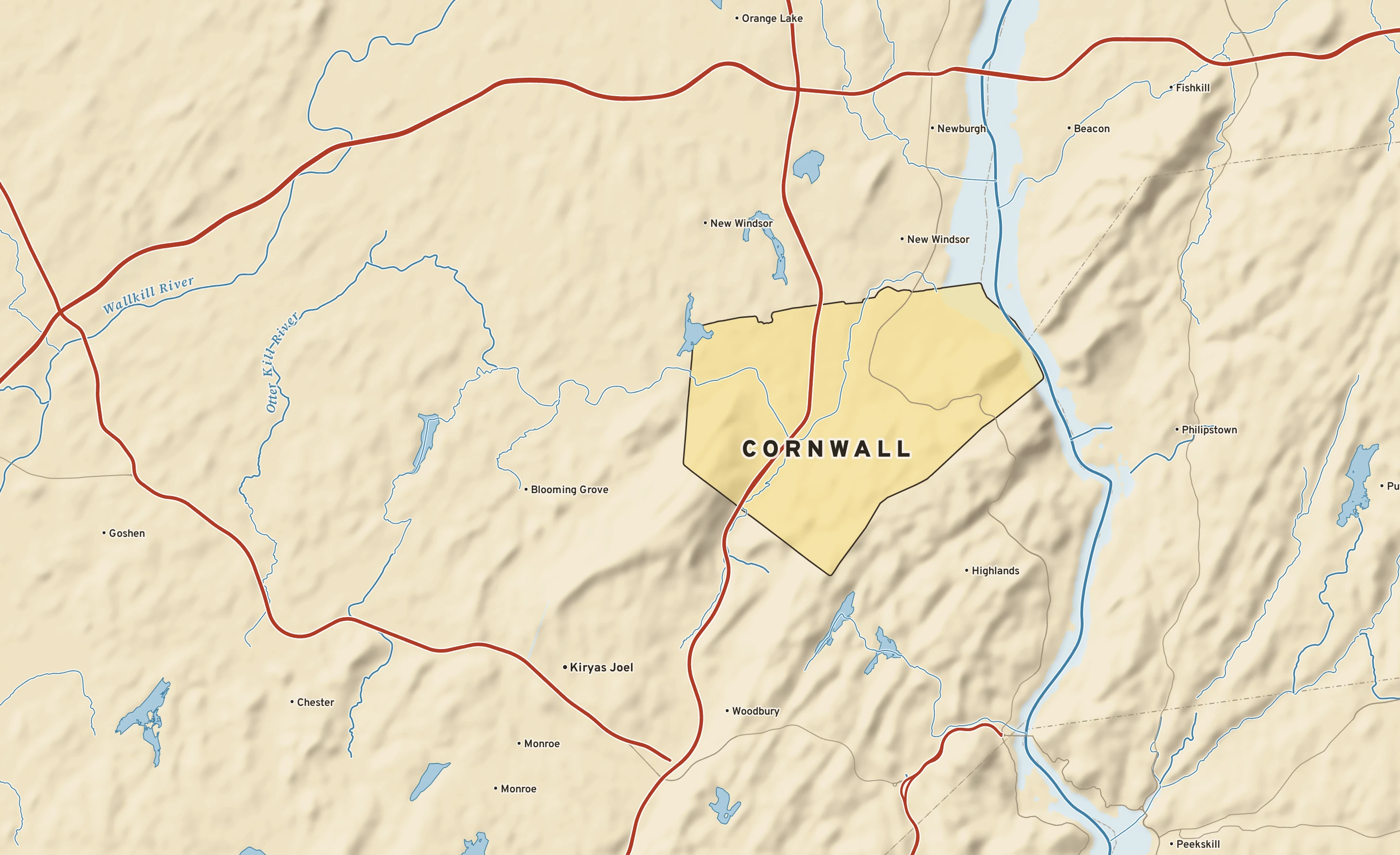 Shaded-relief atlas plate of Cornwall, New York: rivers, roads, the city limits and where the water drains.