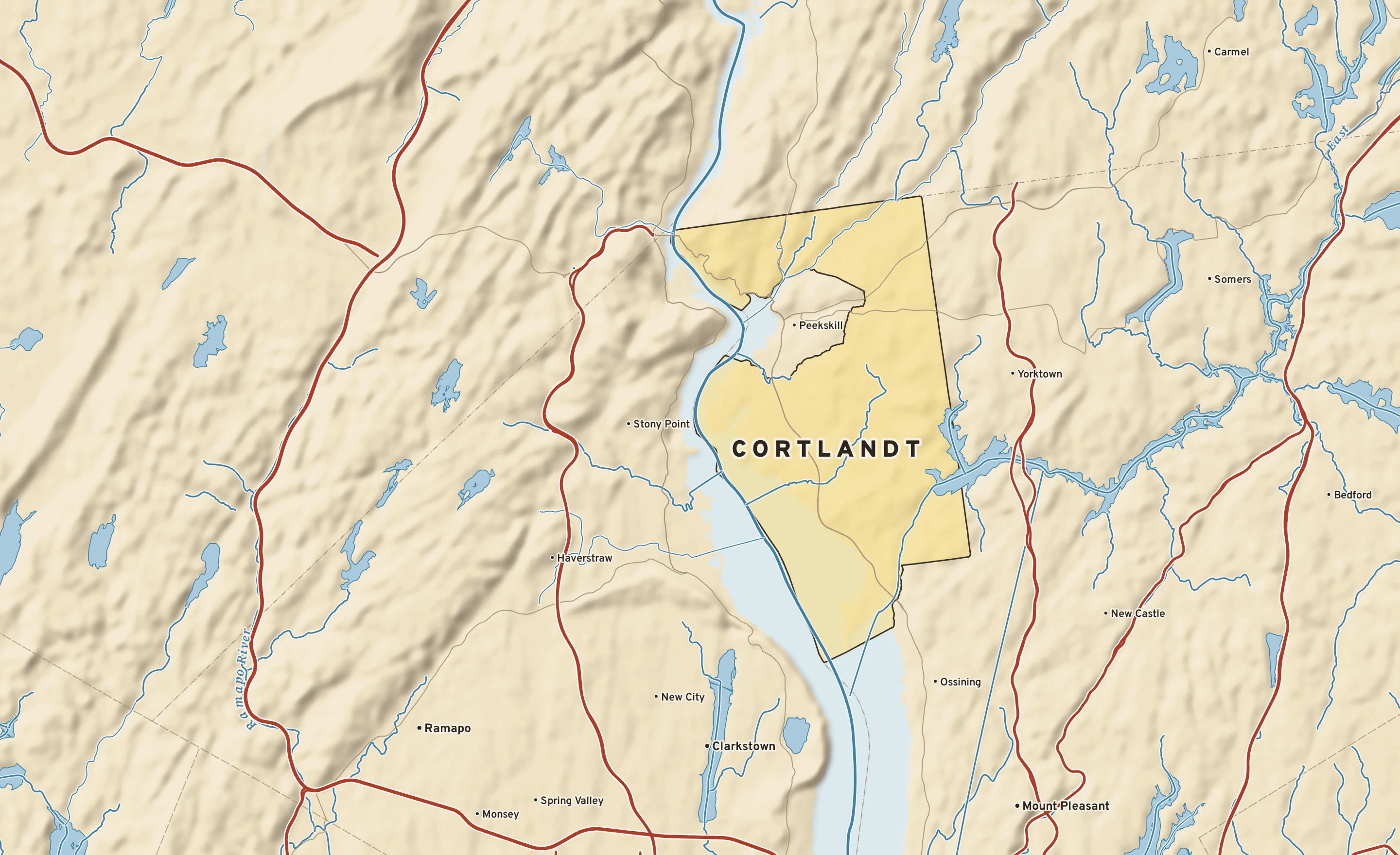 Shaded-relief atlas plate of Cortlandt, New York: rivers, roads, the city limits and where the water drains.