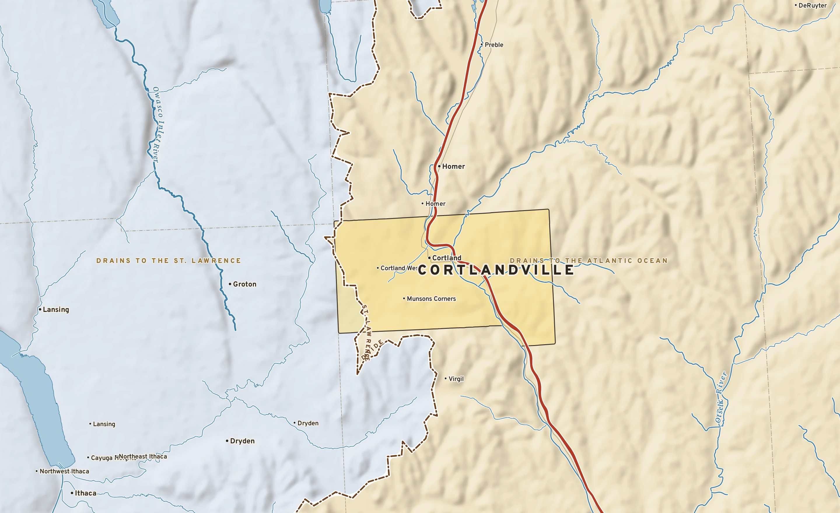 Shaded-relief atlas plate of Cortlandville, New York: rivers, roads, the city limits and where the water drains.