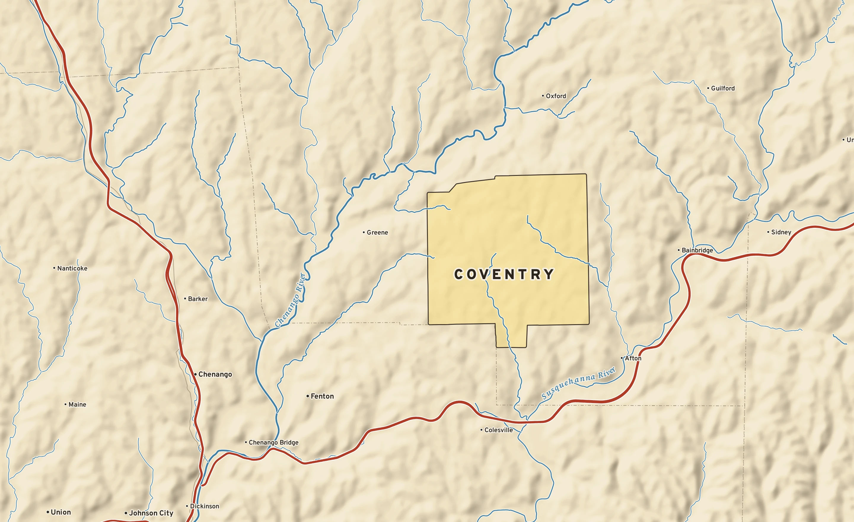 Shaded-relief atlas plate of Coventry, New York: rivers, roads, the city limits and where the water drains.