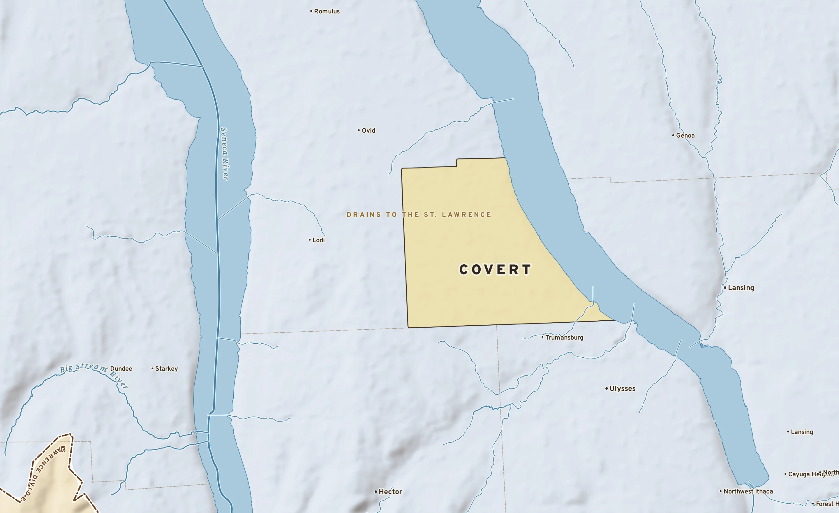 Shaded-relief atlas plate of Covert, New York: rivers, roads, the city limits and where the water drains.