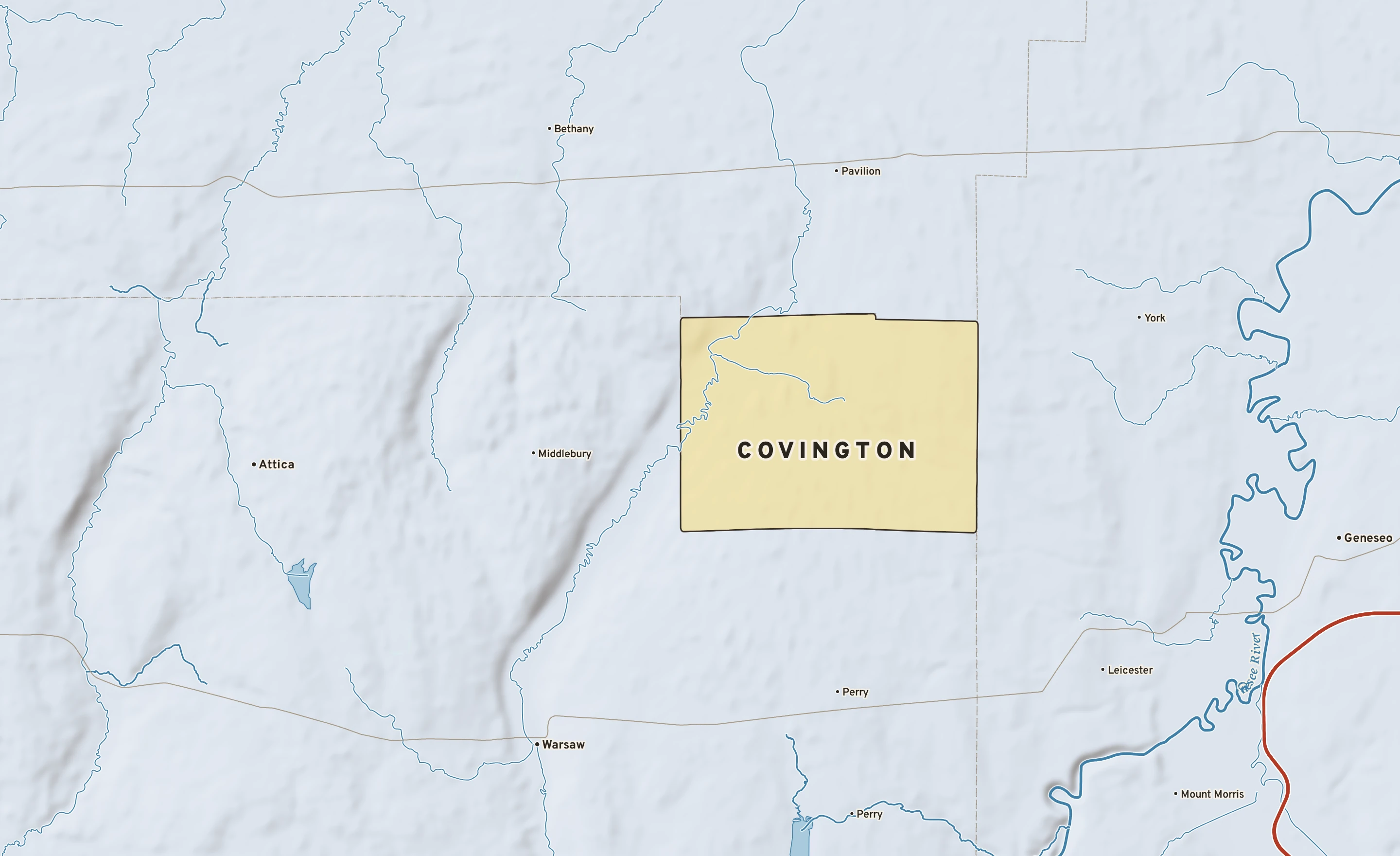 Shaded-relief atlas plate of Covington, New York: rivers, roads, the city limits and where the water drains.