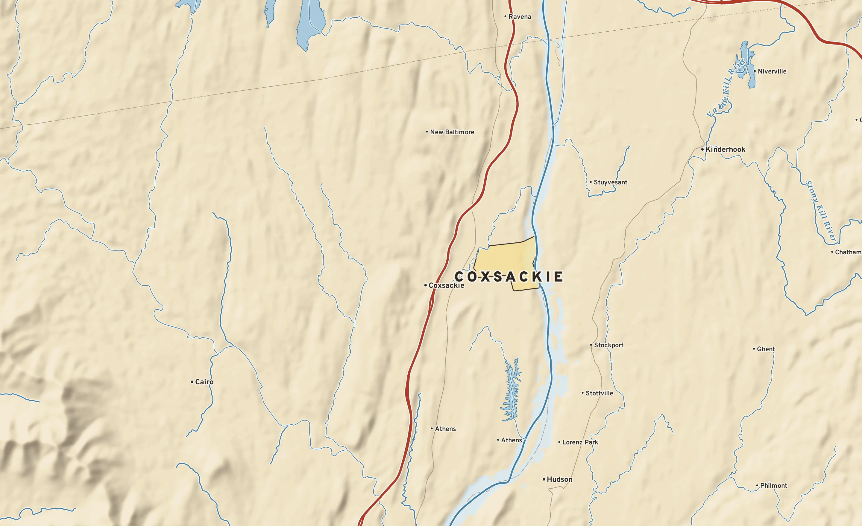 Shaded-relief atlas plate of Coxsackie, New York: rivers, roads, the city limits and where the water drains.