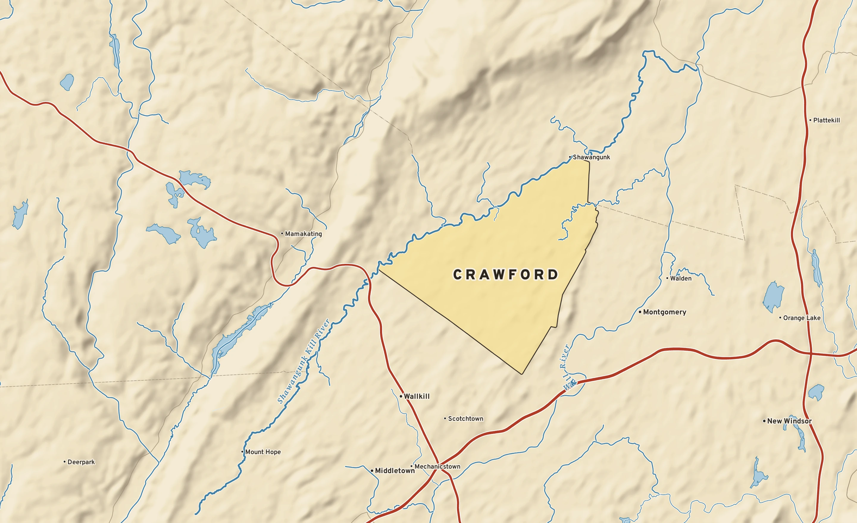 Shaded-relief atlas plate of Crawford, New York: rivers, roads, the city limits and where the water drains.