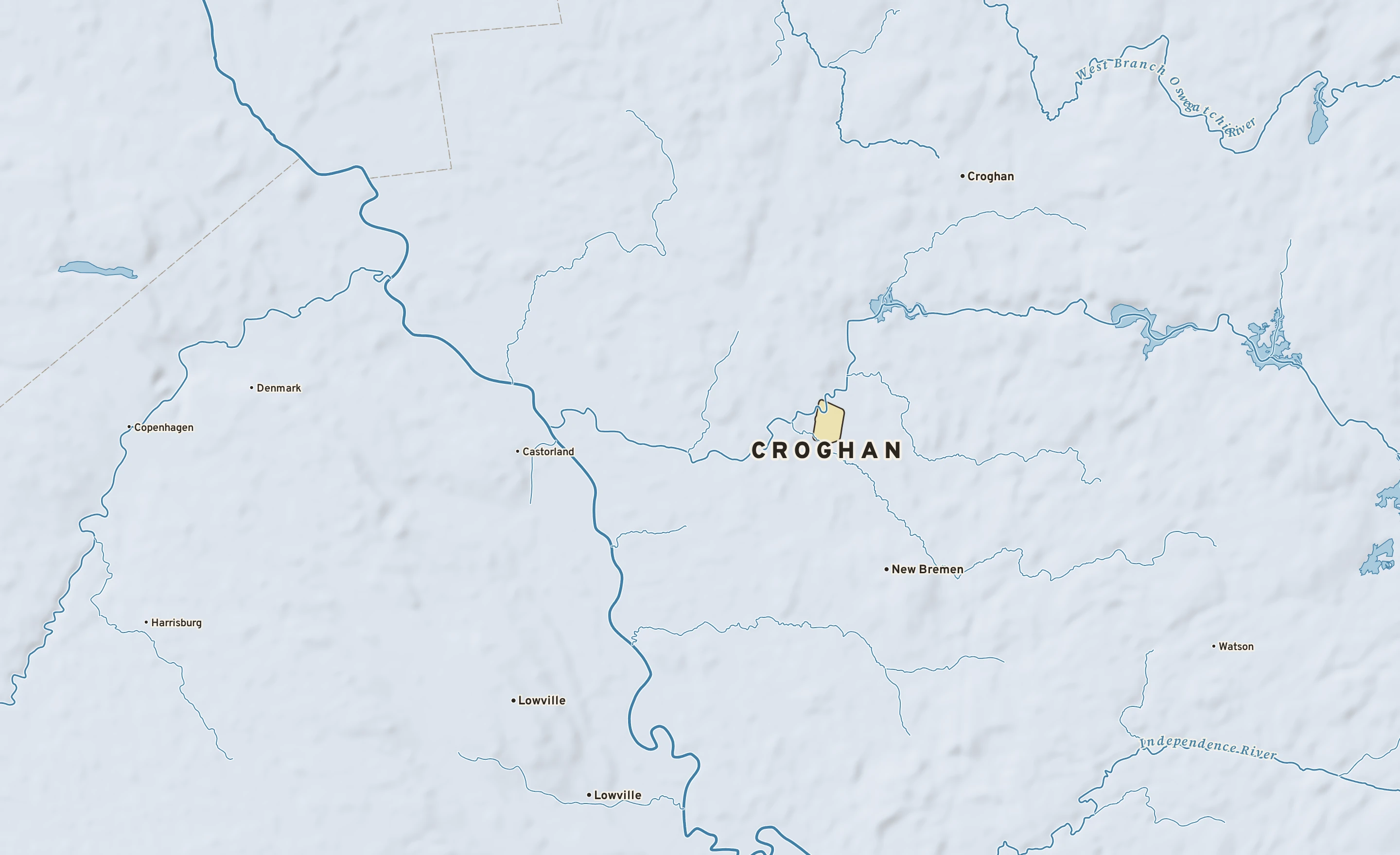 Shaded-relief atlas plate of Croghan, New York: rivers, roads, the city limits and where the water drains.