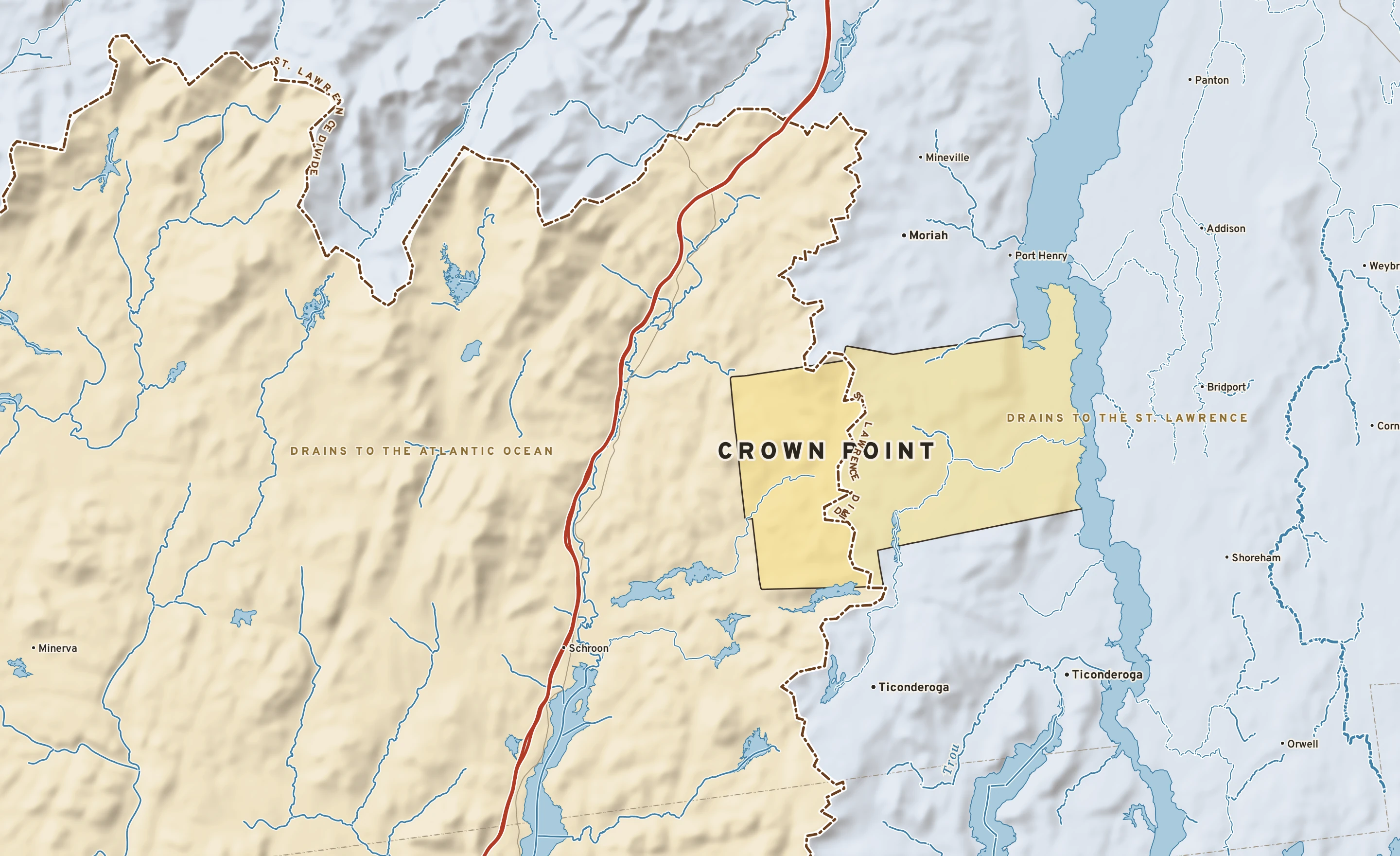 Shaded-relief atlas plate of Crown Point, New York: rivers, roads, the city limits and where the water drains.