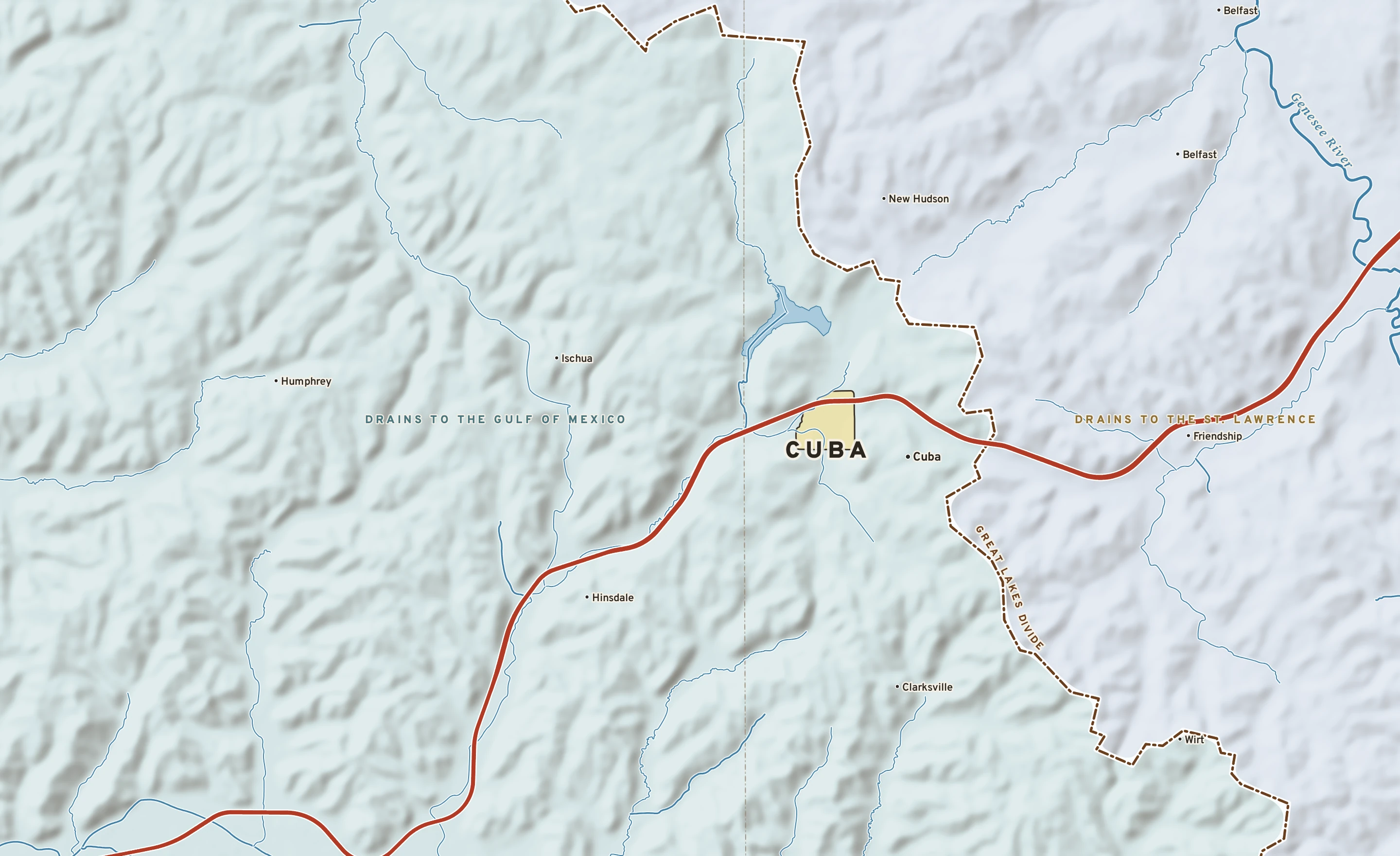 Shaded-relief atlas plate of Cuba, New York: rivers, roads, the city limits and where the water drains.