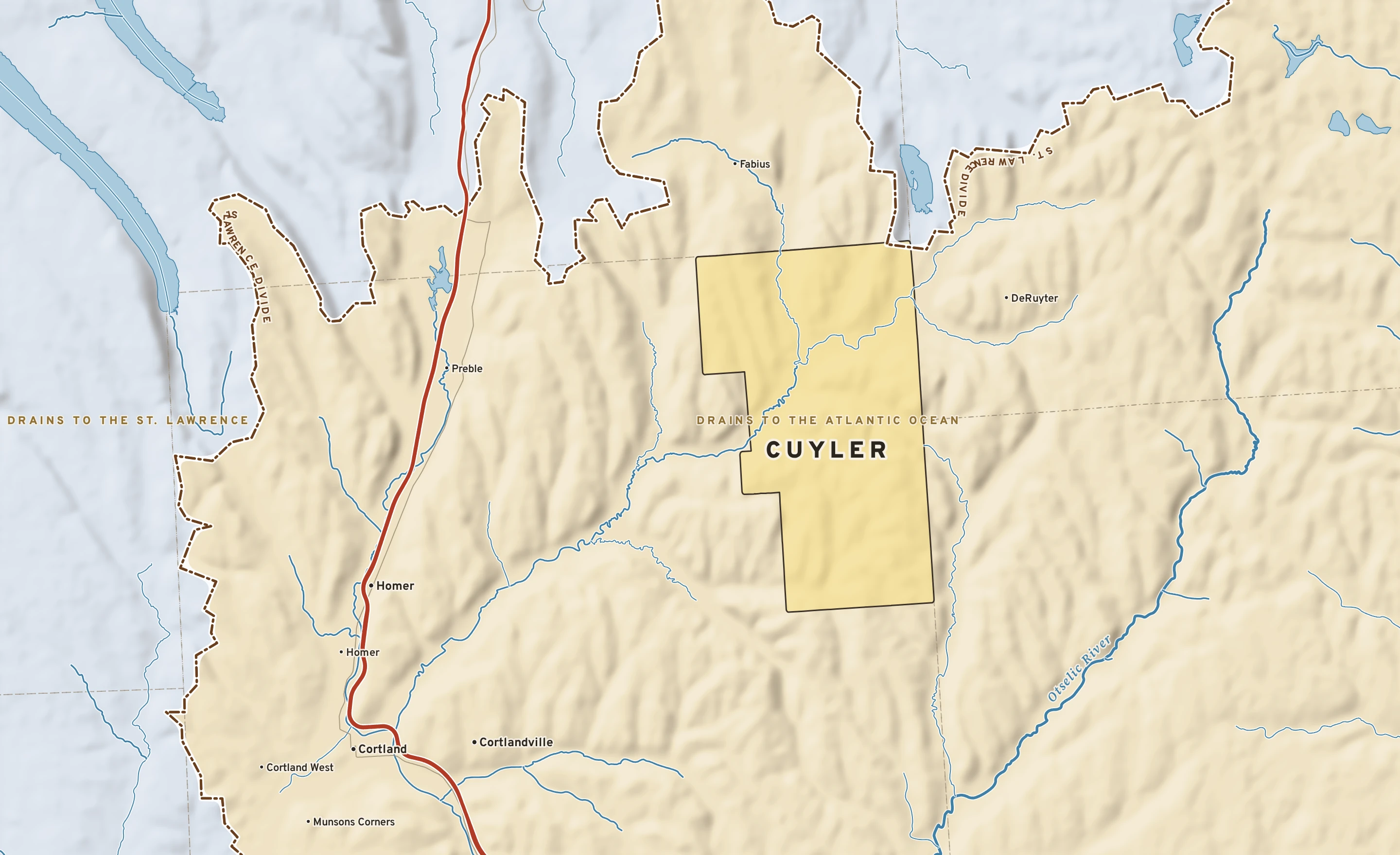 Shaded-relief atlas plate of Cuyler, New York: rivers, roads, the city limits and where the water drains.