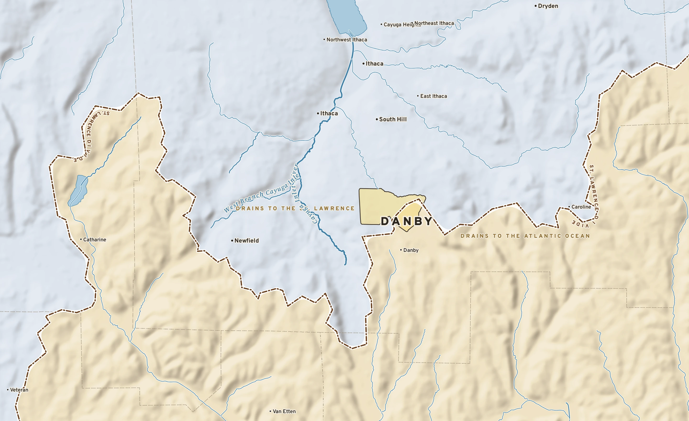 Shaded-relief atlas plate of Danby, New York: rivers, roads, the city limits and where the water drains.