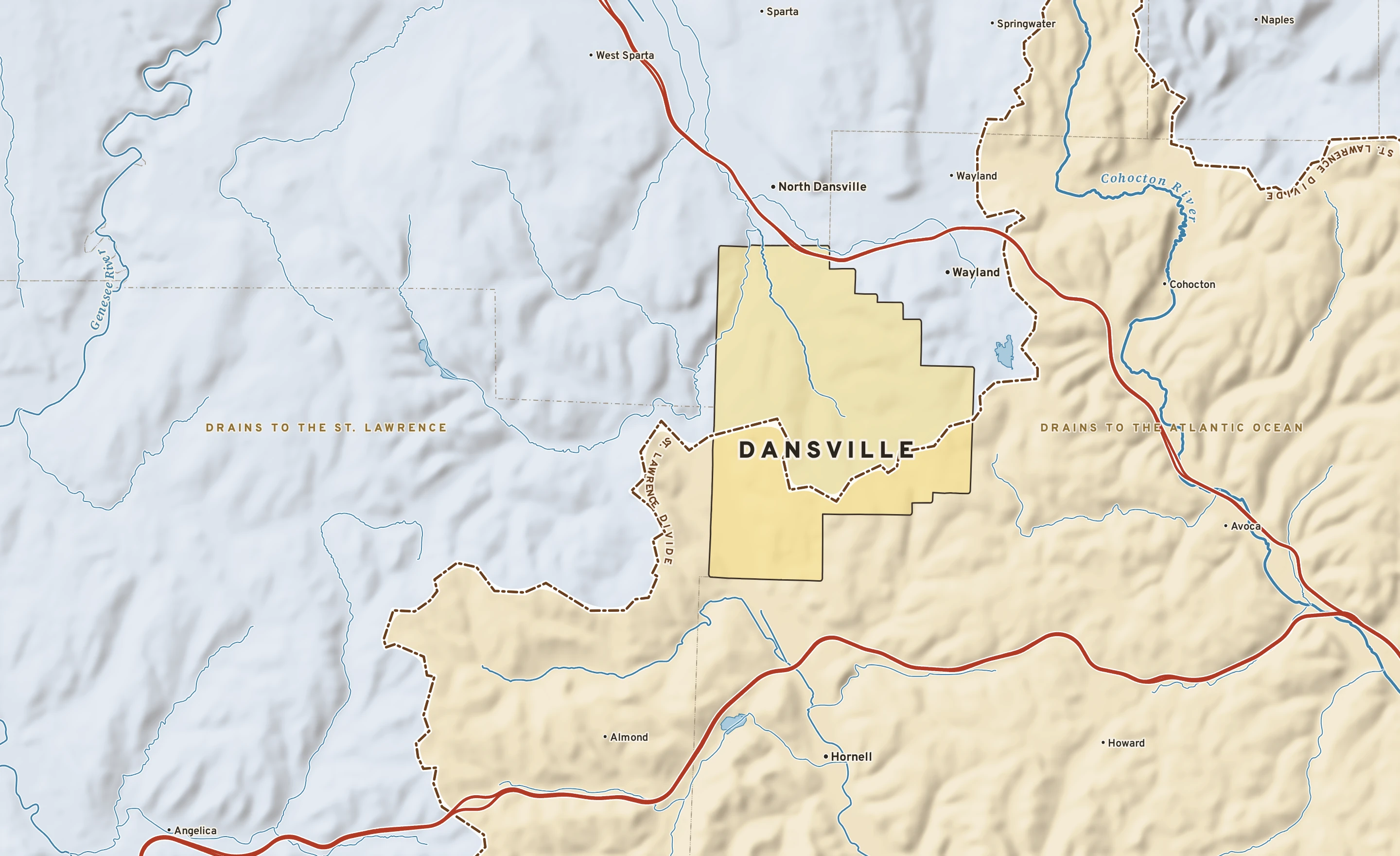 Shaded-relief atlas plate of Dansville, New York: rivers, roads, the city limits and where the water drains.