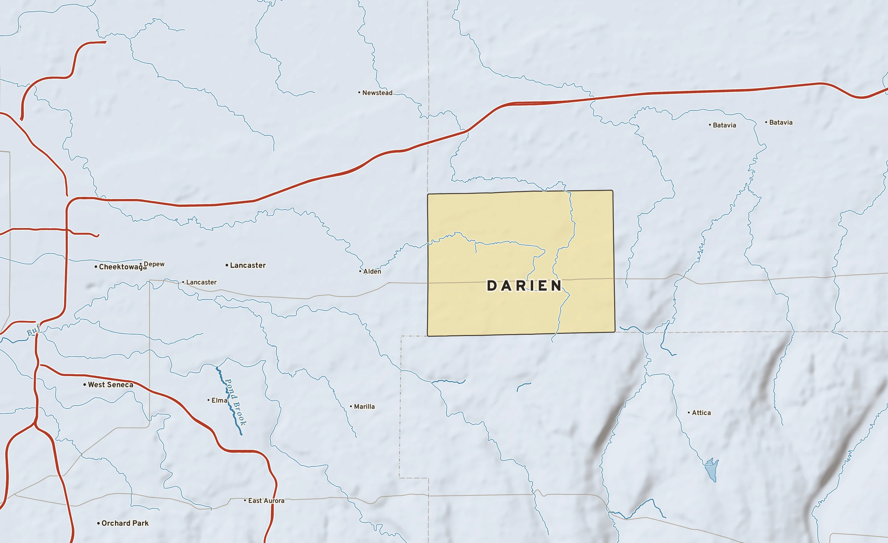 Shaded-relief atlas plate of Darien, New York: rivers, roads, the city limits and where the water drains.