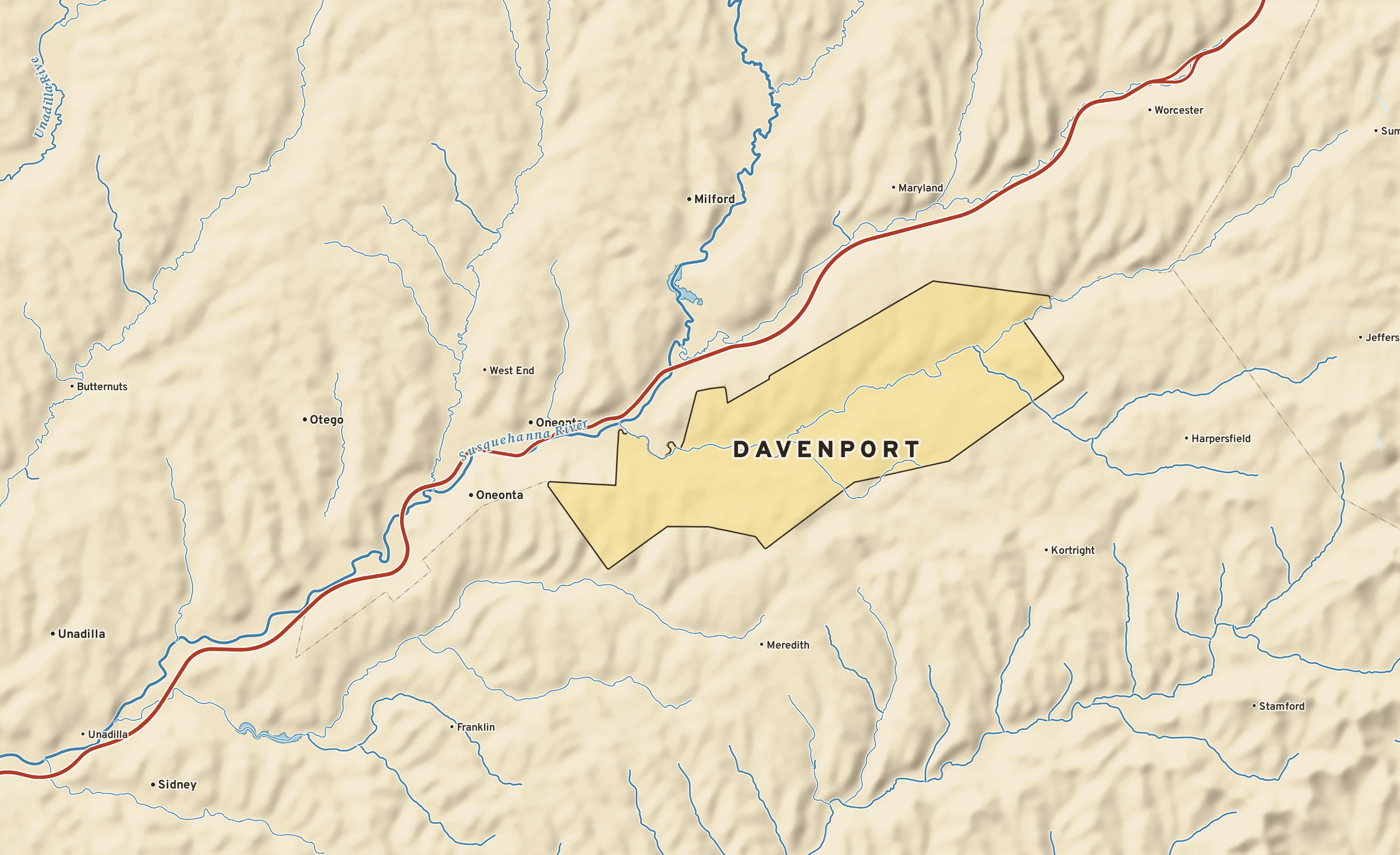 Shaded-relief atlas plate of Davenport, New York: rivers, roads, the city limits and where the water drains.