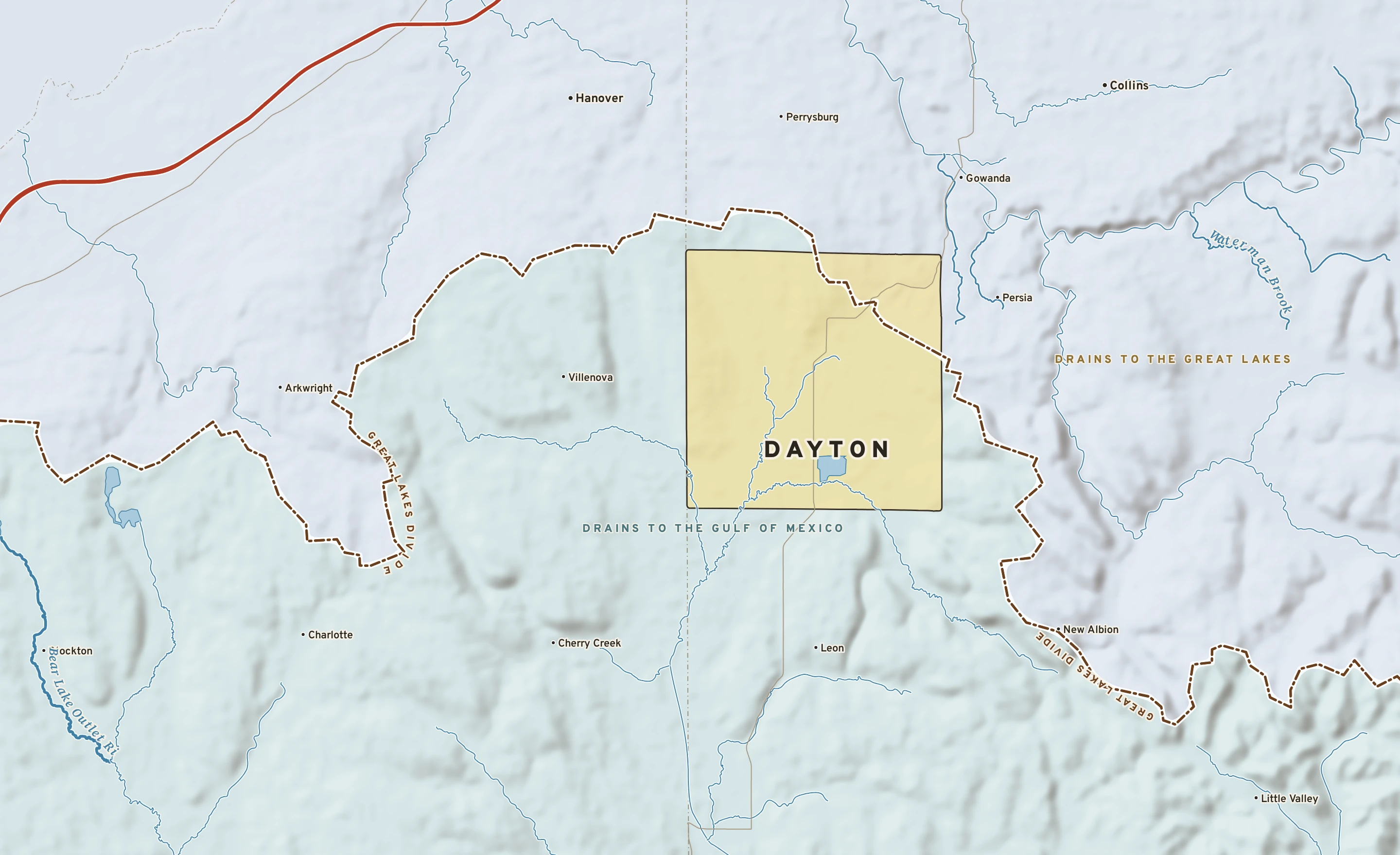 Shaded-relief atlas plate of Dayton, New York: rivers, roads, the city limits and where the water drains.