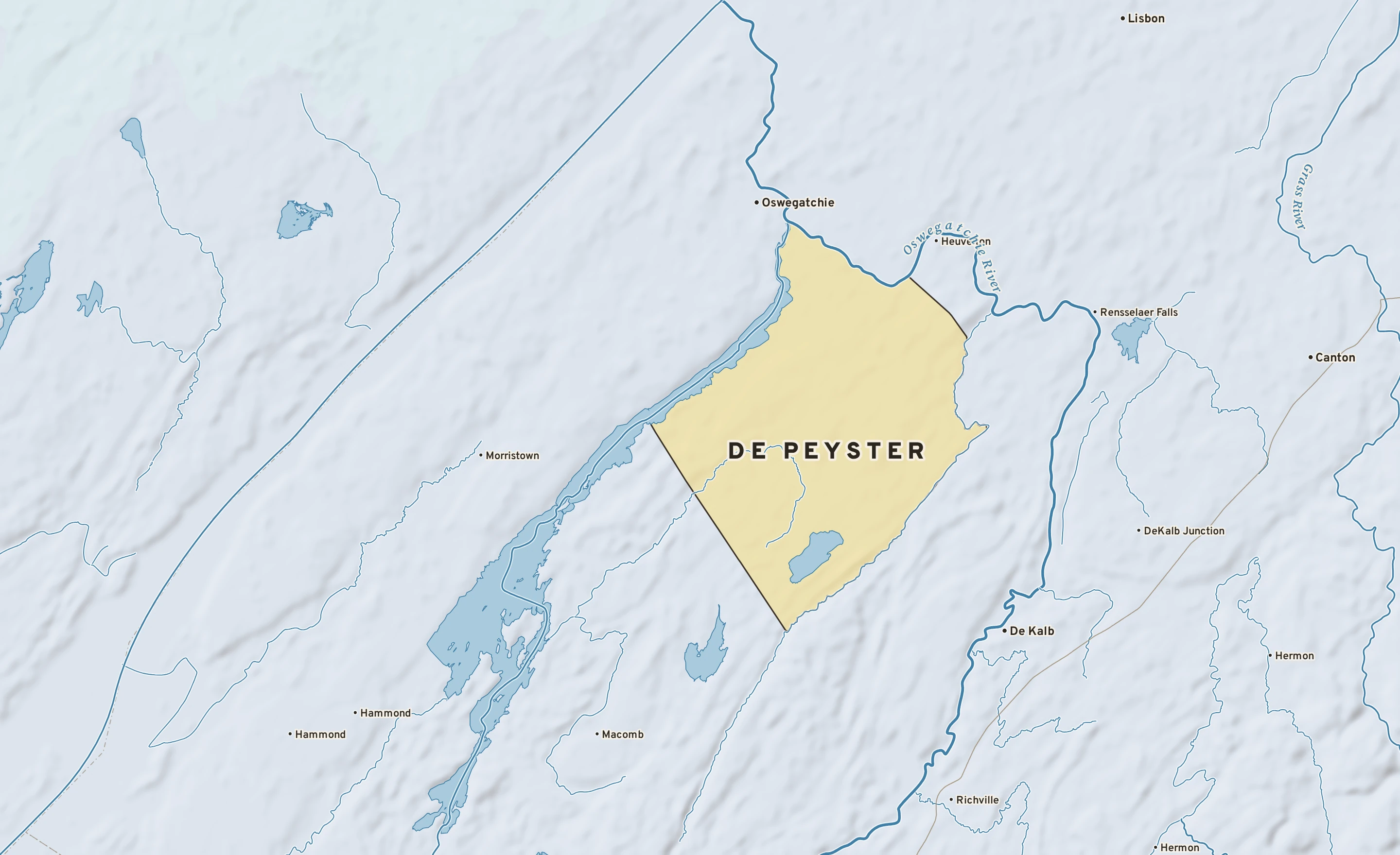 Shaded-relief atlas plate of De Peyster, New York: rivers, roads, the city limits and where the water drains.