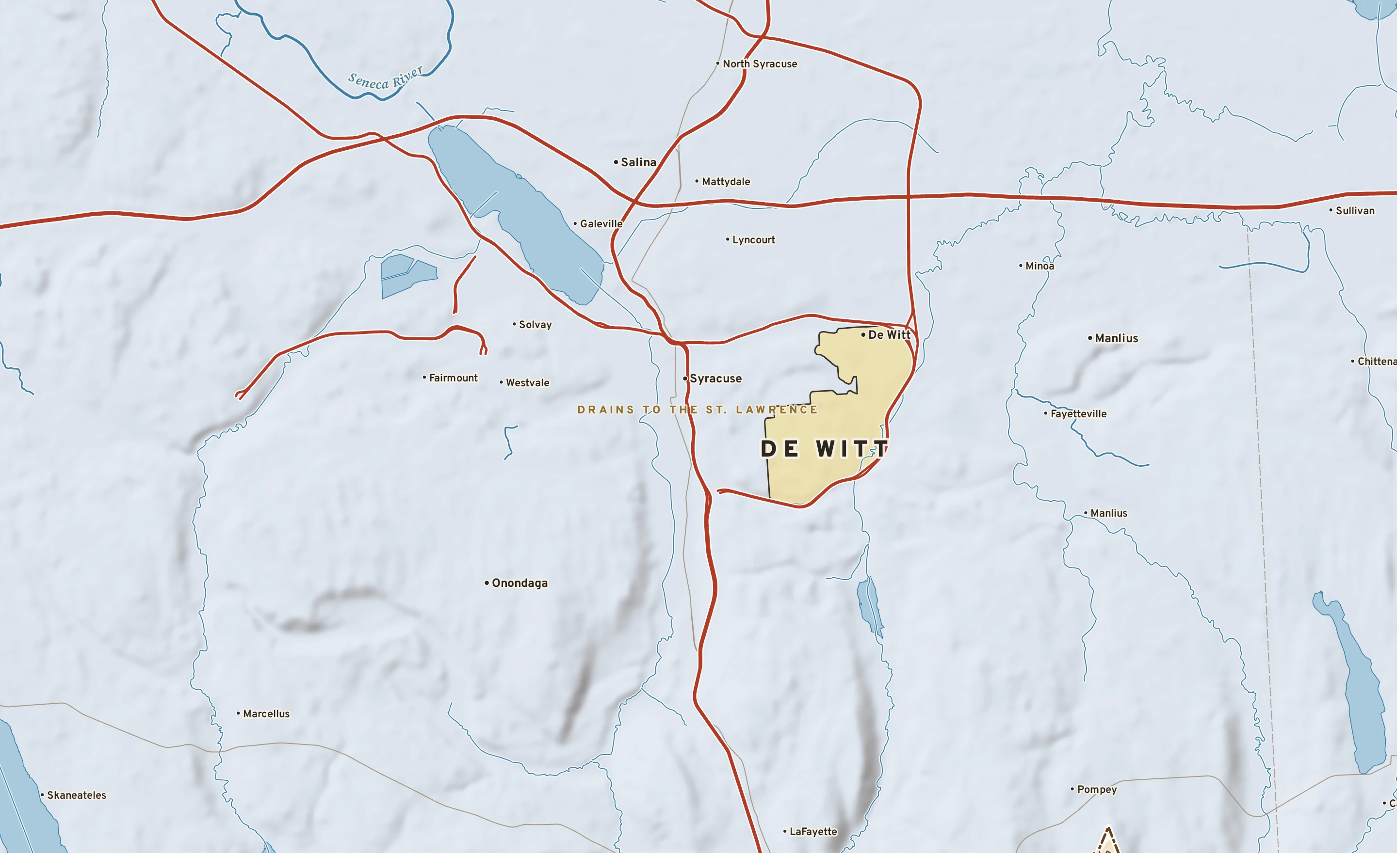 Shaded-relief atlas plate of De Witt, New York: rivers, roads, the city limits and where the water drains.