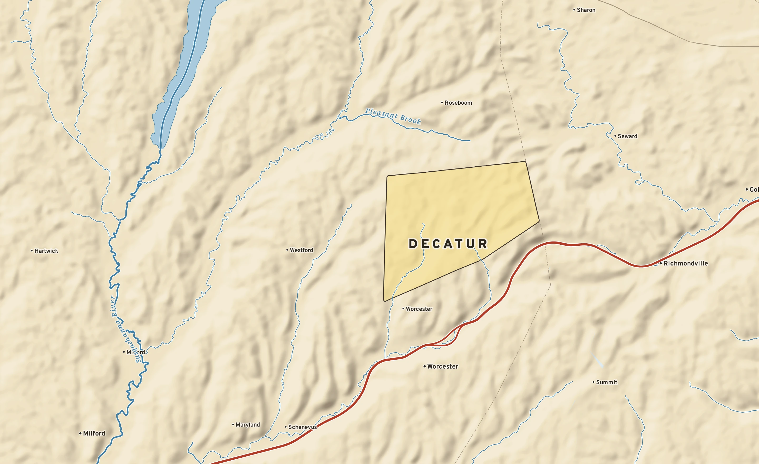 Shaded-relief atlas plate of Decatur, New York: rivers, roads, the city limits and where the water drains.