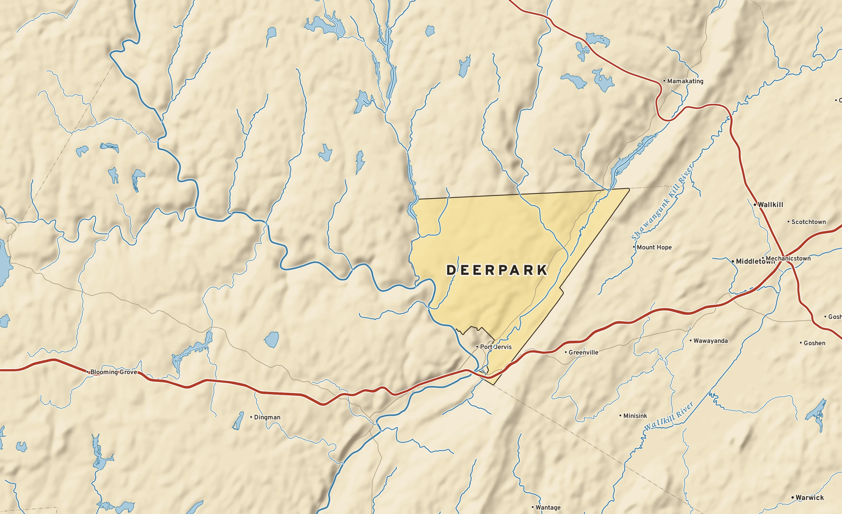 Shaded-relief atlas plate of Deerpark, New York: rivers, roads, the city limits and where the water drains.