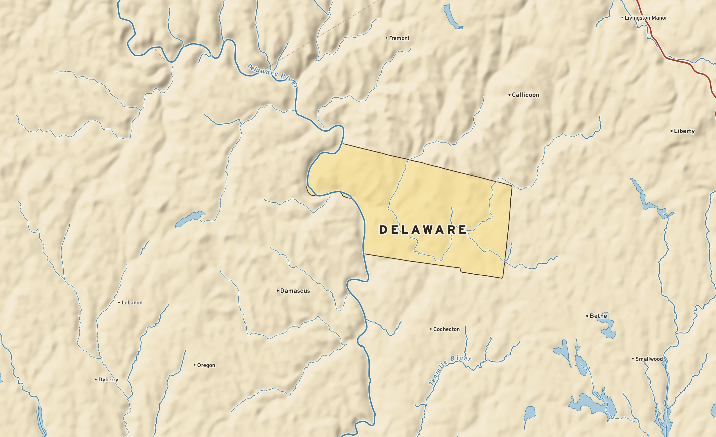 Shaded-relief atlas plate of Delaware, New York: rivers, roads, the city limits and where the water drains.