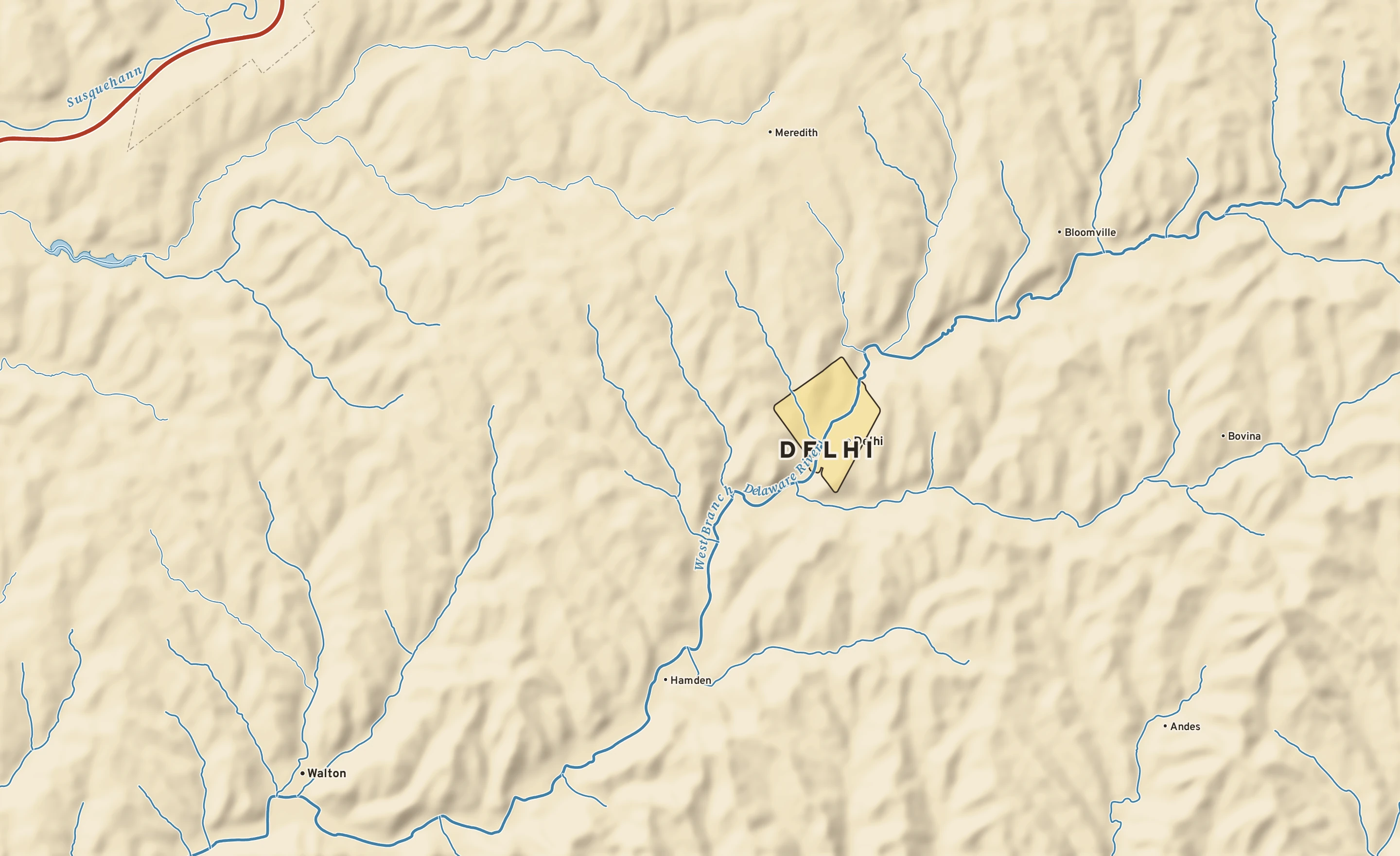 Shaded-relief atlas plate of Delhi, New York: rivers, roads, the city limits and where the water drains.