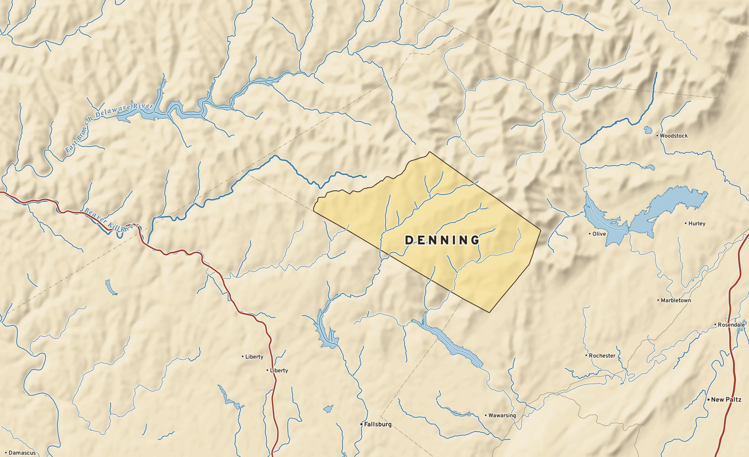 Shaded-relief atlas plate of Denning, New York: rivers, roads, the city limits and where the water drains.