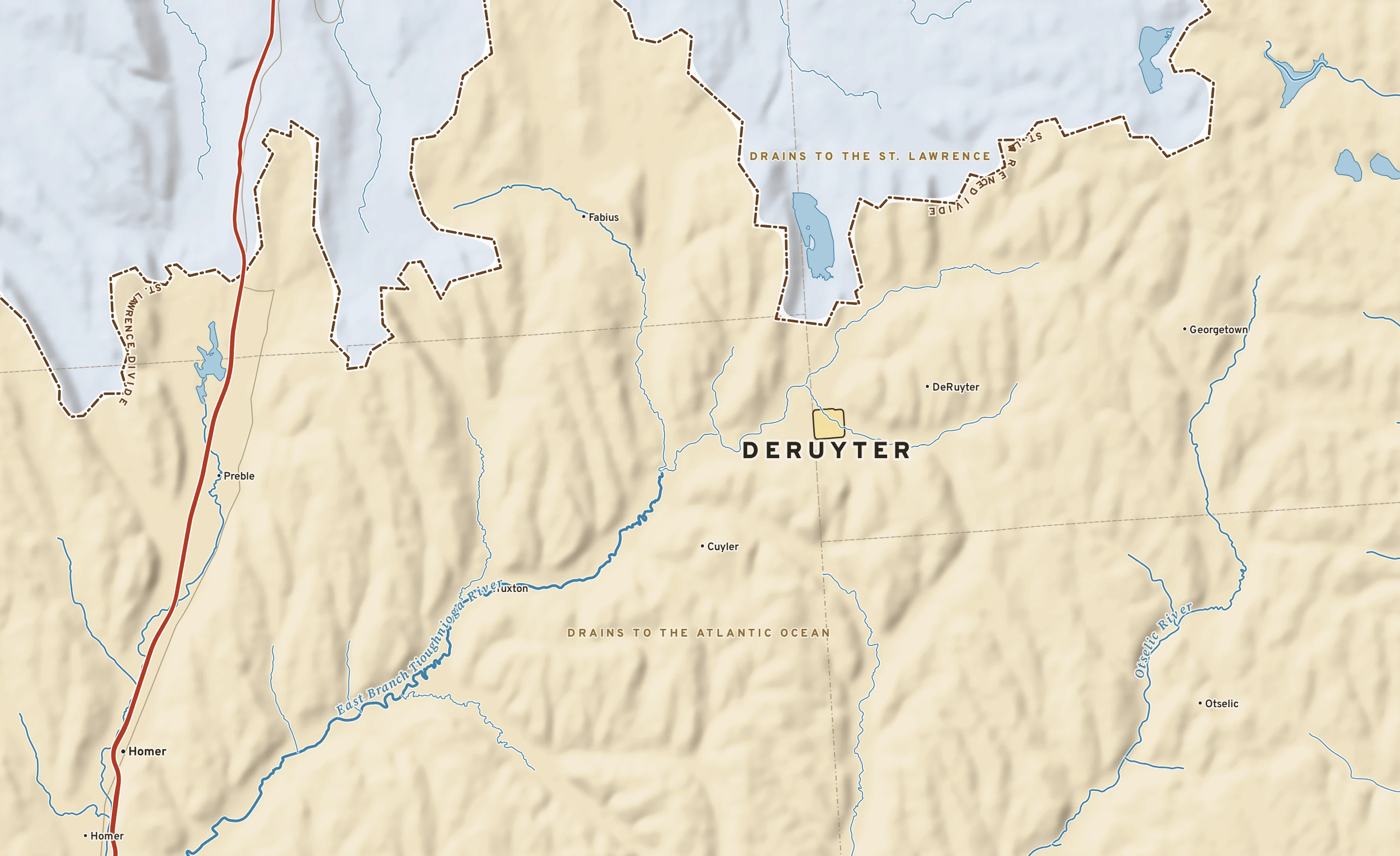 Shaded-relief atlas plate of DeRuyter, New York: rivers, roads, the city limits and where the water drains.